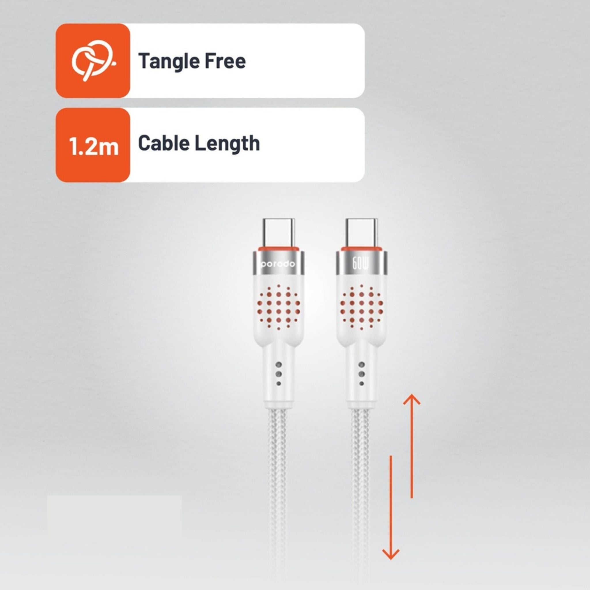Porodo Aluminum Alloy Braided Cable Type-C to C 1.2m, PD 60W, 480Mbps Transfer Speed, more than 15000 Bends Life Span, Tangle Free - White