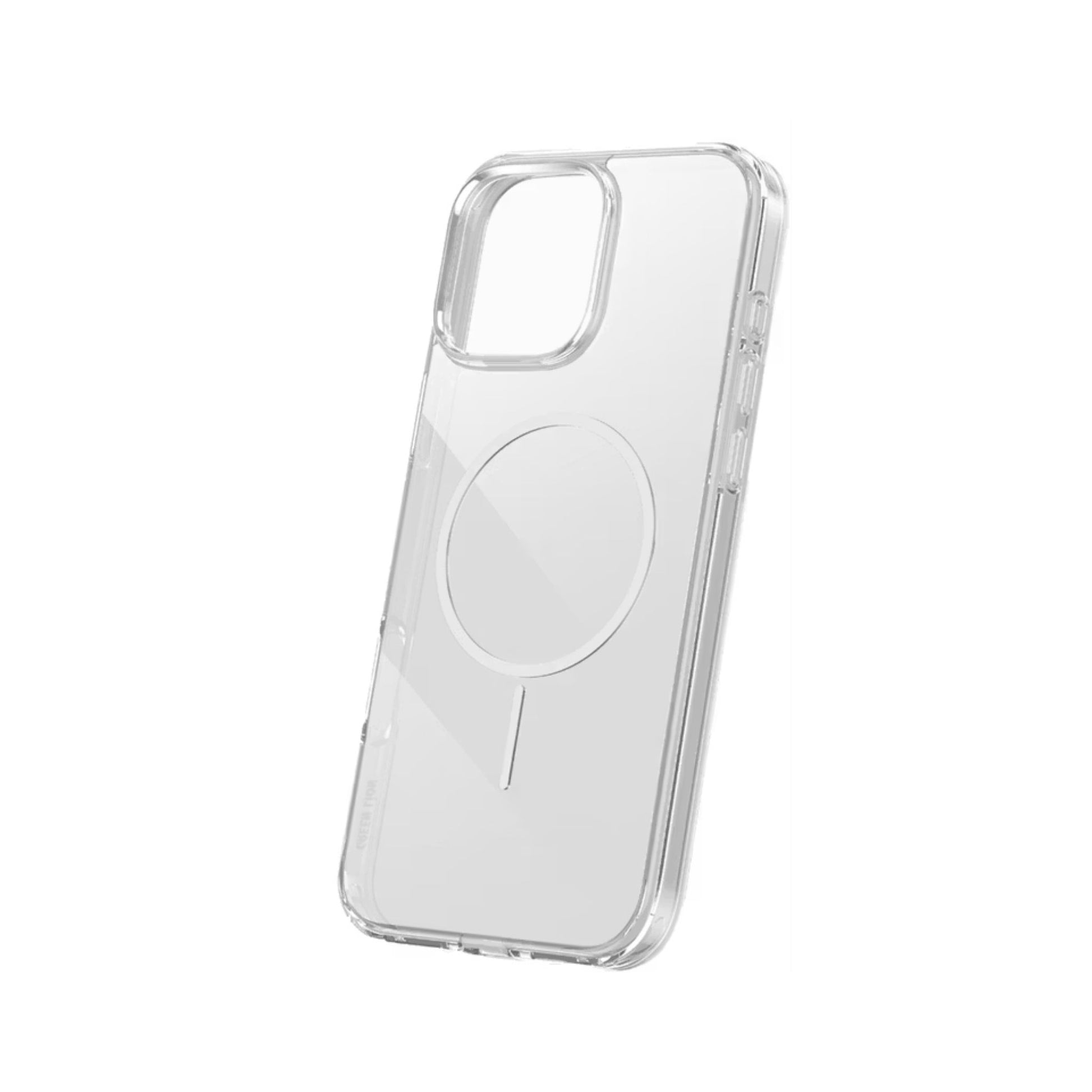 Clear phone case with magnetic design on a white background