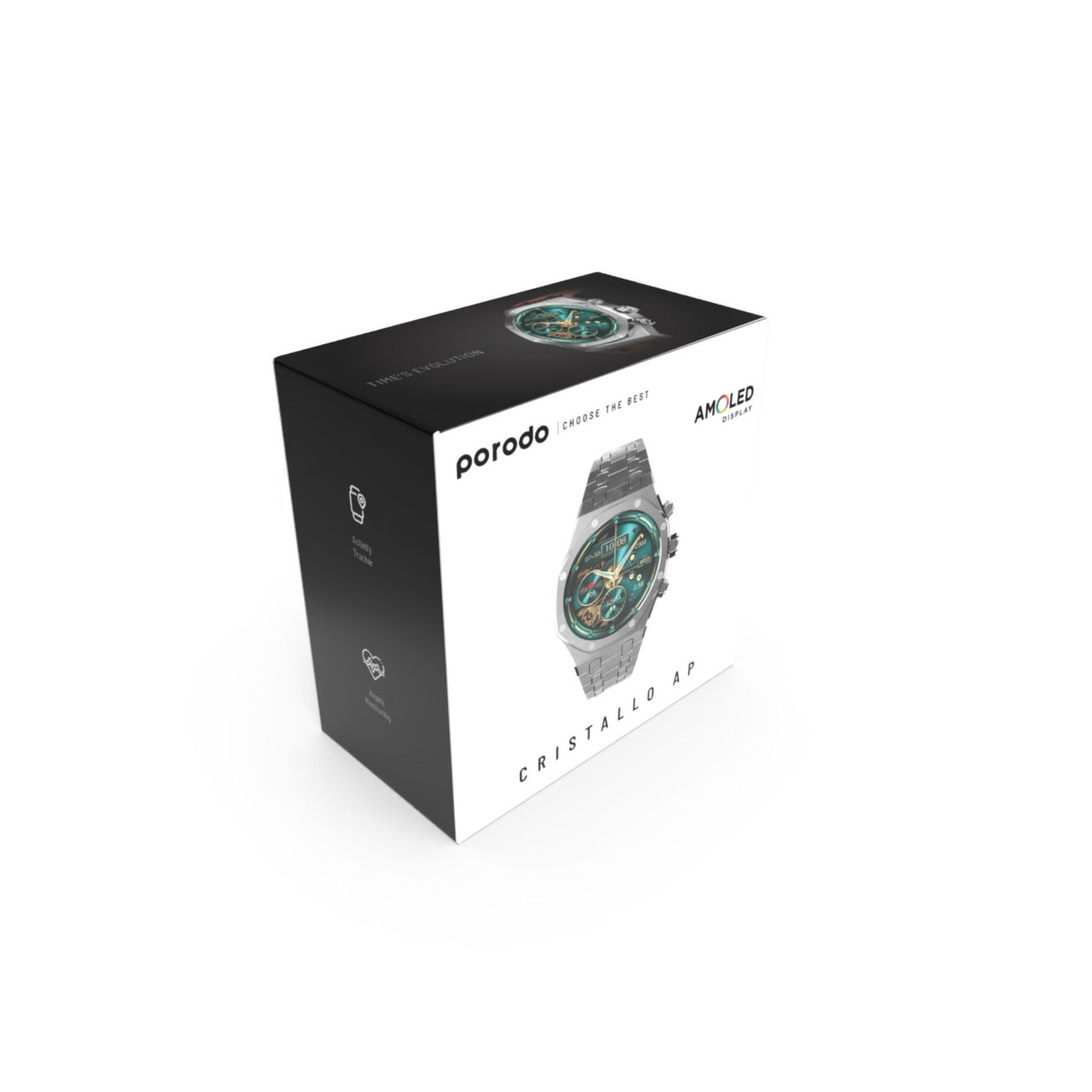 Porodo Cristallo AP Amoled Display Smart Watch with 260mAh Lithium Power, 49mm Display, Bluetooth V3.0, V5.0, IP68 - Silver