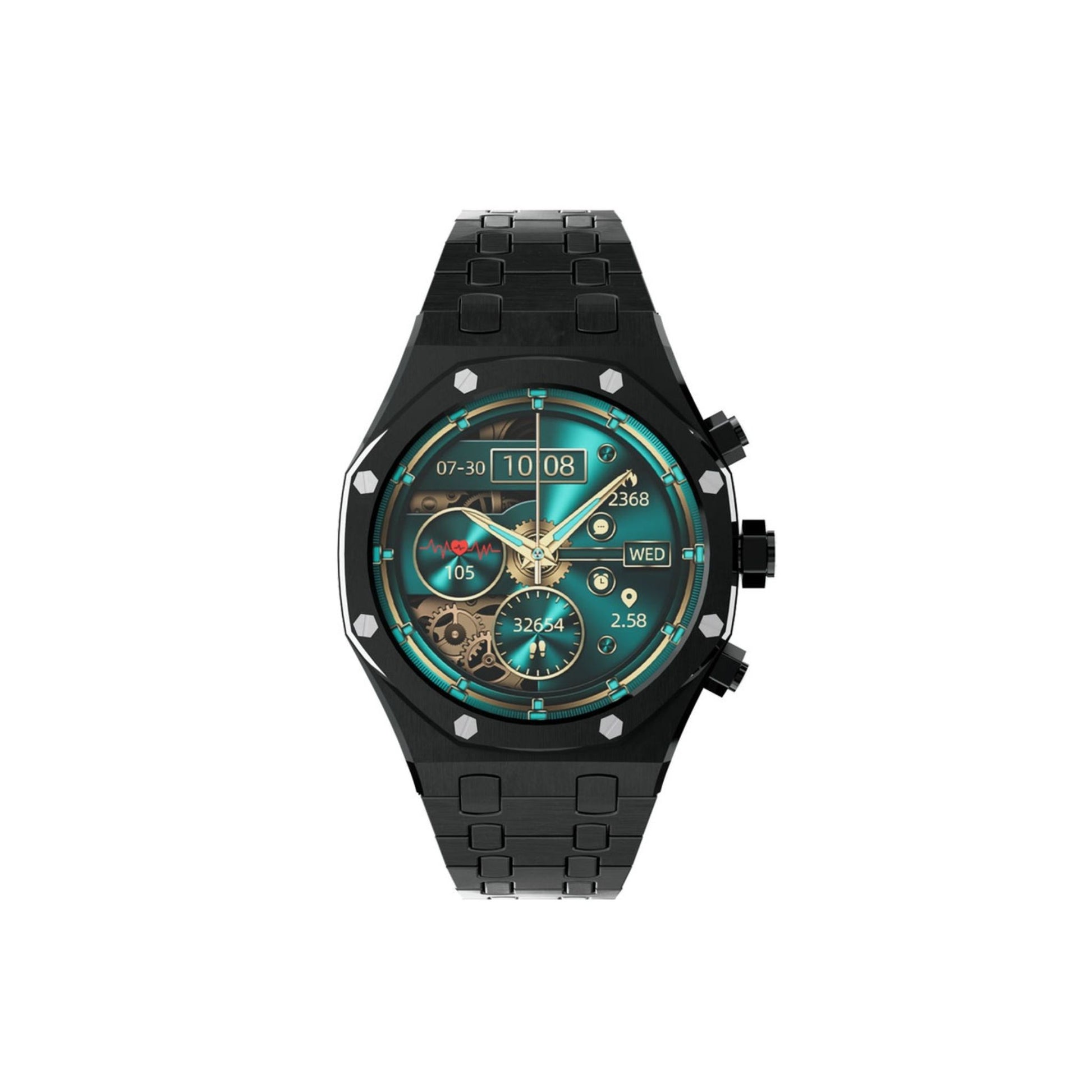 A black Porodo Cristallo AP Amoled Display Smart Watch with a turquoise dial and a zinc alloy band.
