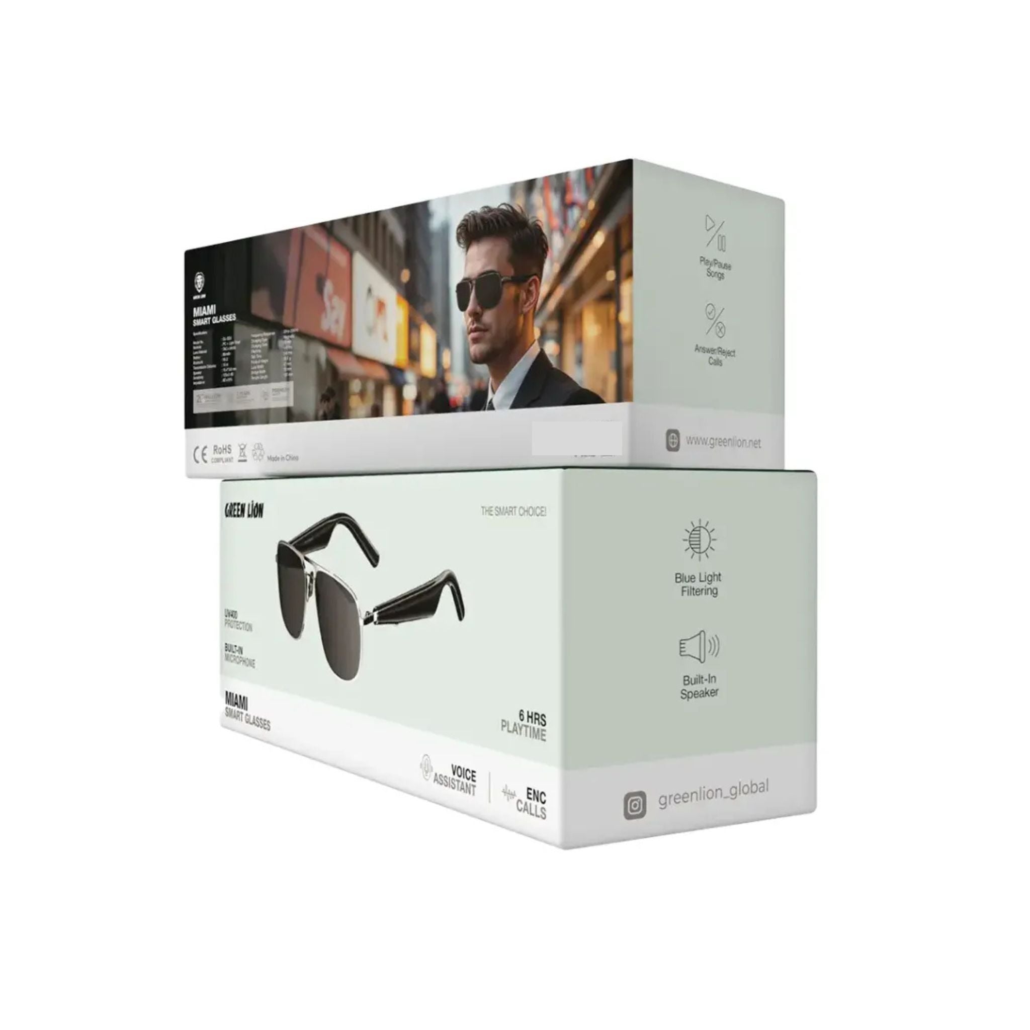 GREEN LION Miami Smart Glasses with Built-in Microphone & Speaker, UV400 Protection, ENC, Easy Snapshot, Voice Assistant, Answer/Reject Calls, Play/Pause Songs – Black