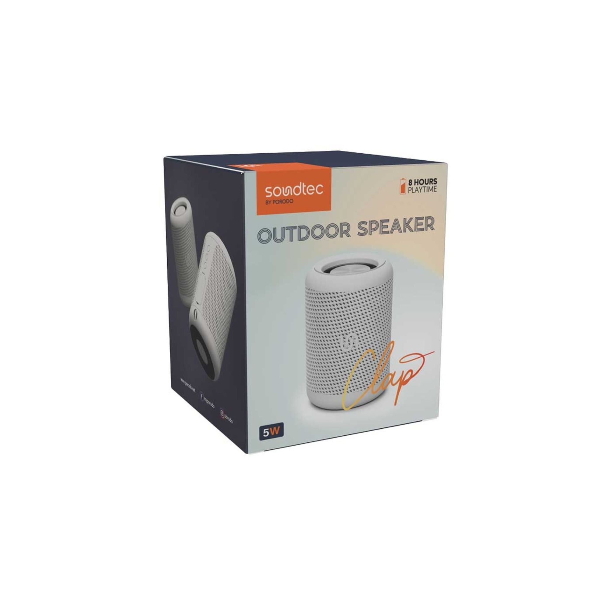 Porodo Soundtec Outdoor Speaker with Flexible Audio Input & Deep Bass, Up to 8 Hours Working Time, 1800mAh Battery Capacity, 40mm Driver Size, Water-Proof, Portable Design - Gray