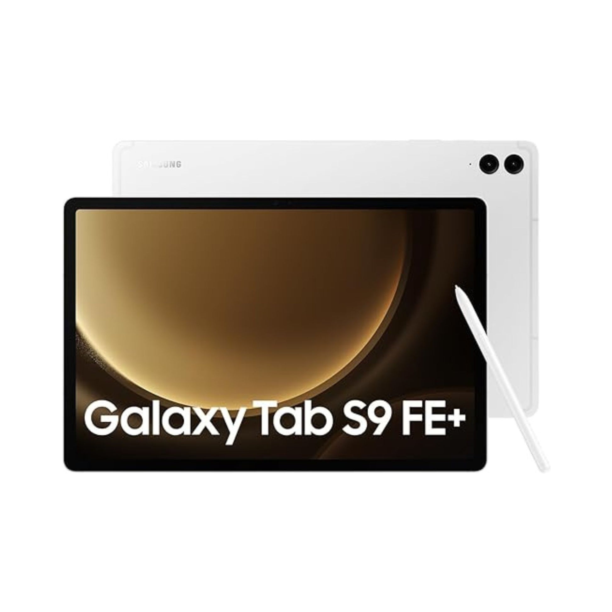 Samsung Galaxy Tab S9 FE+ in silver color with an S Pen, showcasing the front screen display and back side of the device.