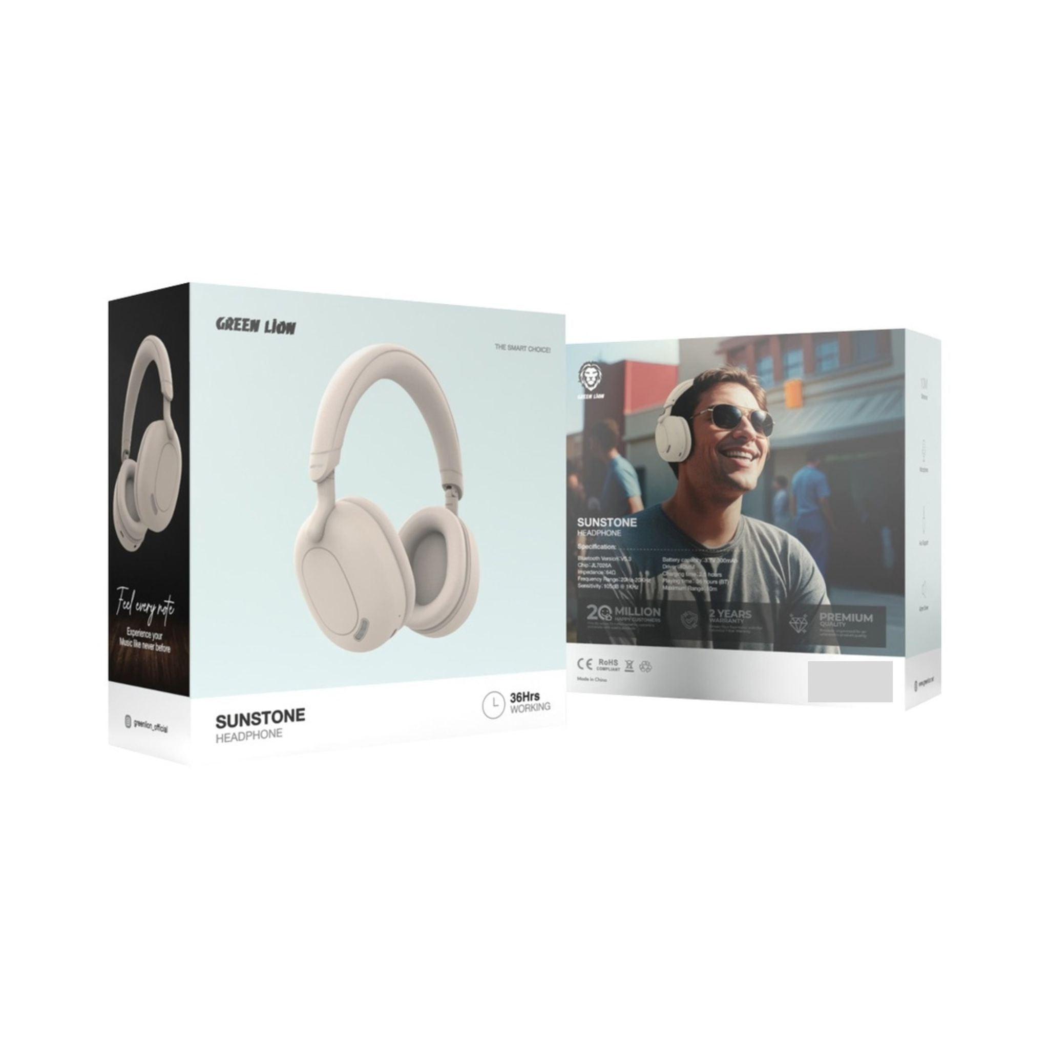 Green Lion Sunstone Headphones, 10 m Working Distance, AUX Support, 36 Hours Bluetooth Playing Time, 300 mAh Battery, - Beige