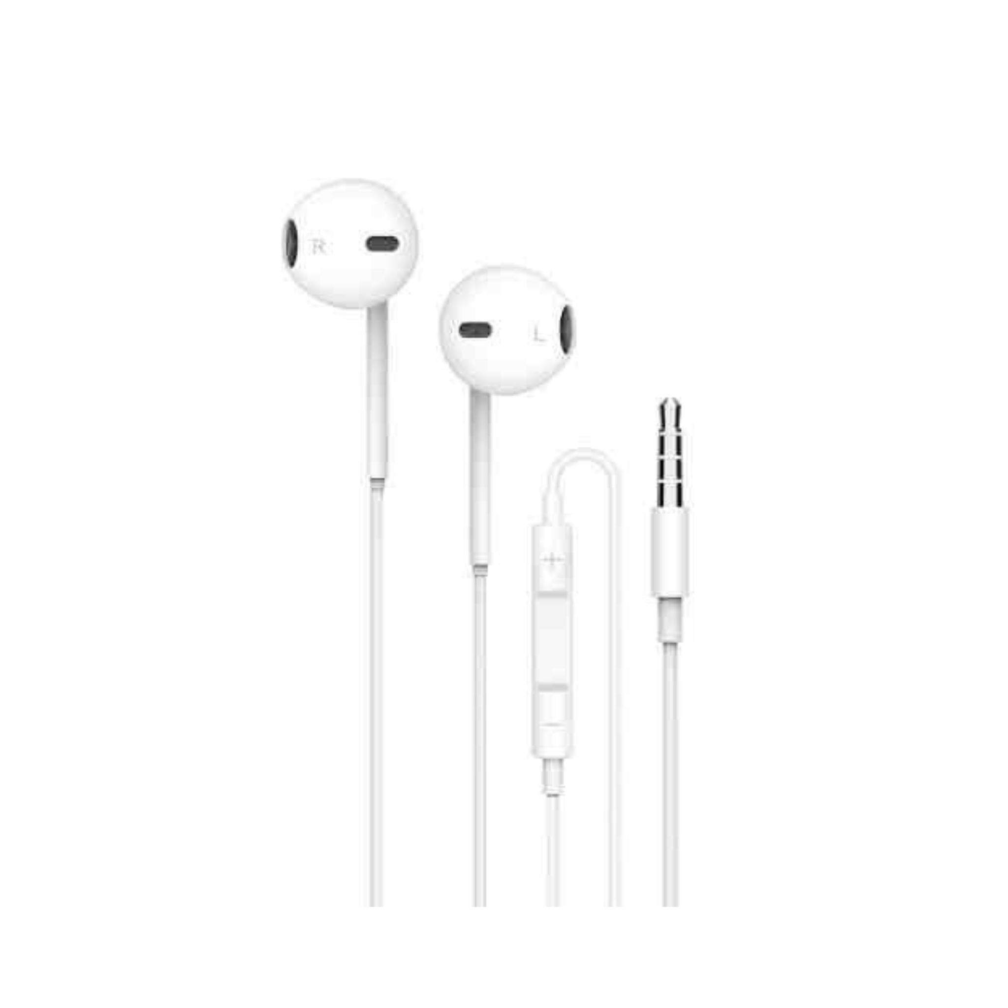 A pair of white Porodo stereo earphones with a 3.5mm connector and in-ear design, displayed alongside a USB cable and a 3.