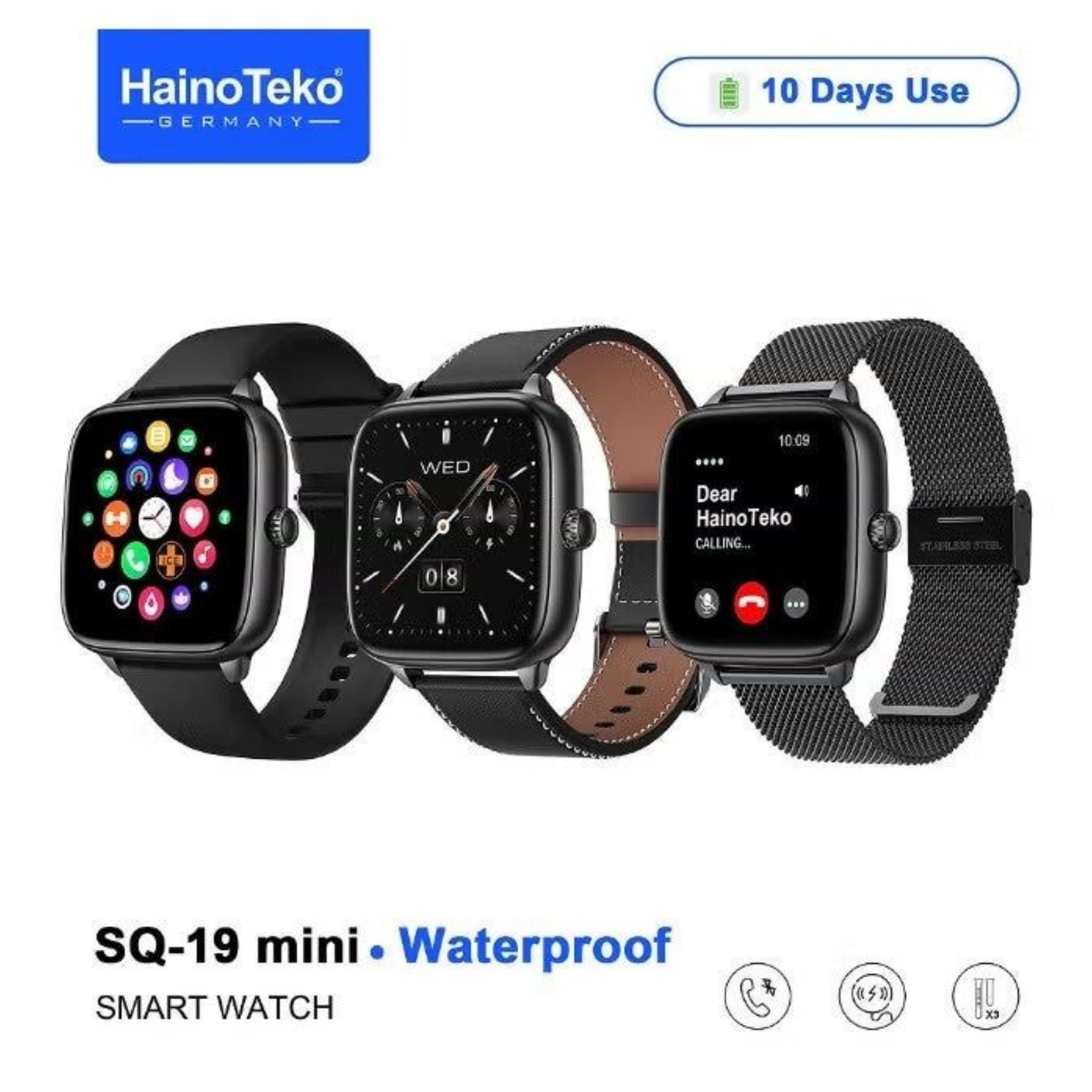 Haino Teko SQ-19 Mini Smart Watch with Bluetooth Call Function, 1.72 Inch AMOLED Touch Screen, 10 Day Battery Backup, Waterproof Fitness Tracker with 3 Replacement Straps for Men & Women - Black