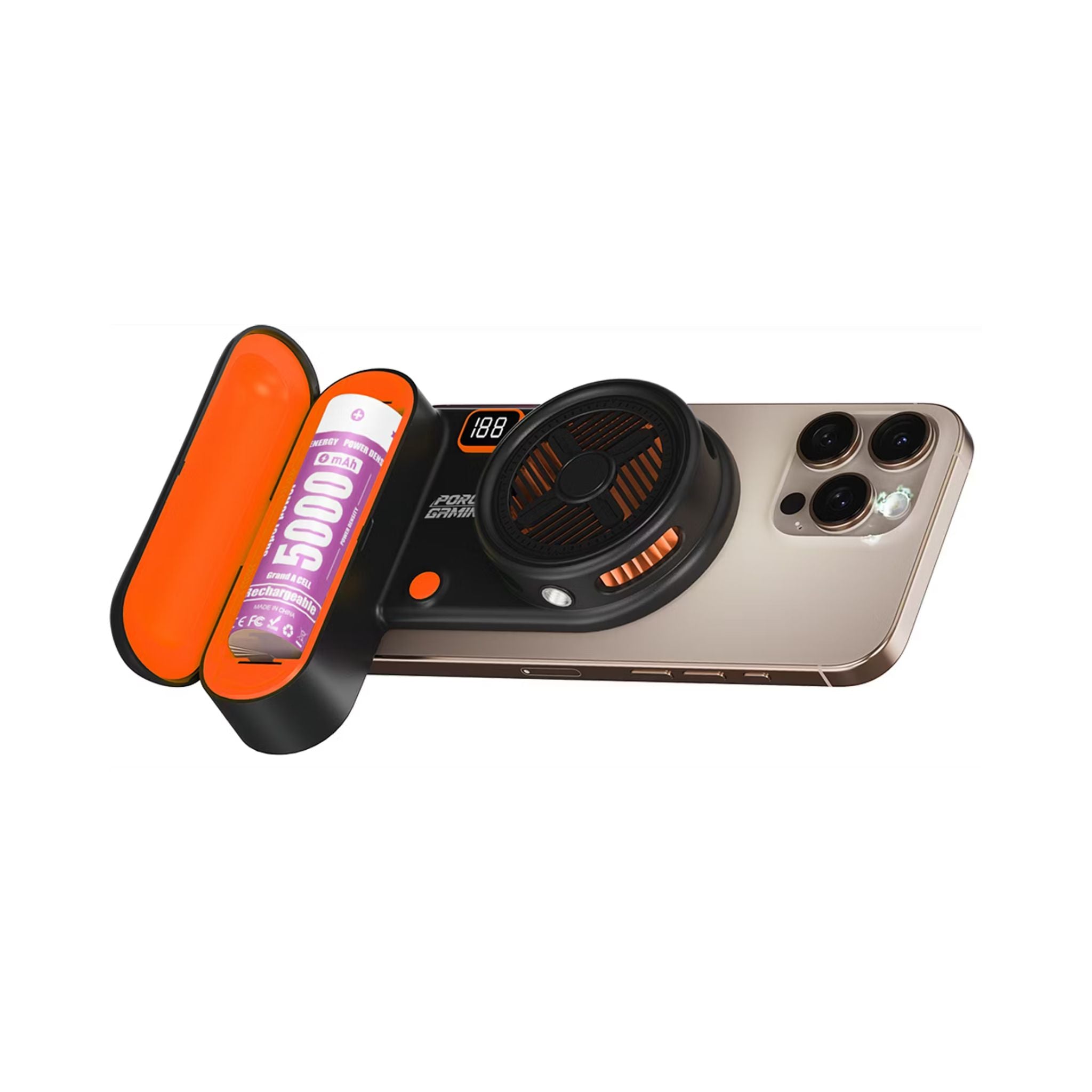 Porodo Gaming Arcticchill Magnetic Phone Cooler with Ultra-Quiet Fan, High Speed Fan, Slip-Resistant Design, 90 Minutes Working Time, 5000mAh Battery Capacity - Black / Orange