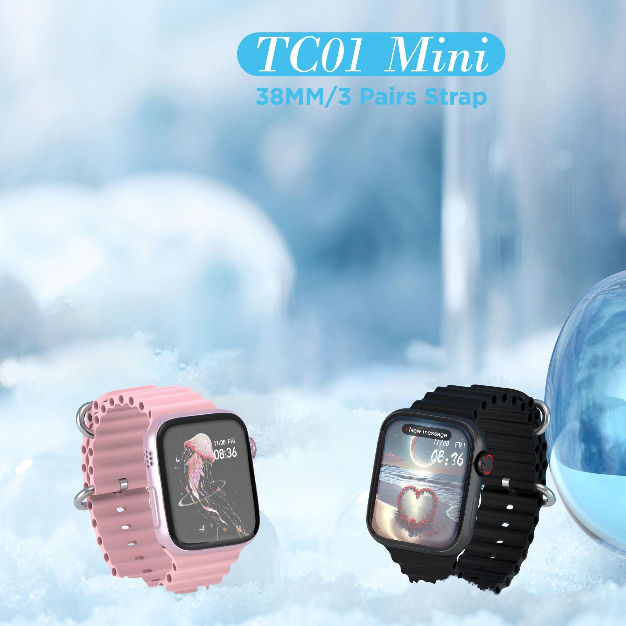 Telzeal Germany TC01 Mini Smart Watch with 38mm HD Touch Display, Includes 3 Interchangeable Straps, Bluetooth Calling, Health Monitoring, Notifications, Sports Modes, Stylish Compact Design, Long Battery Life – Black
