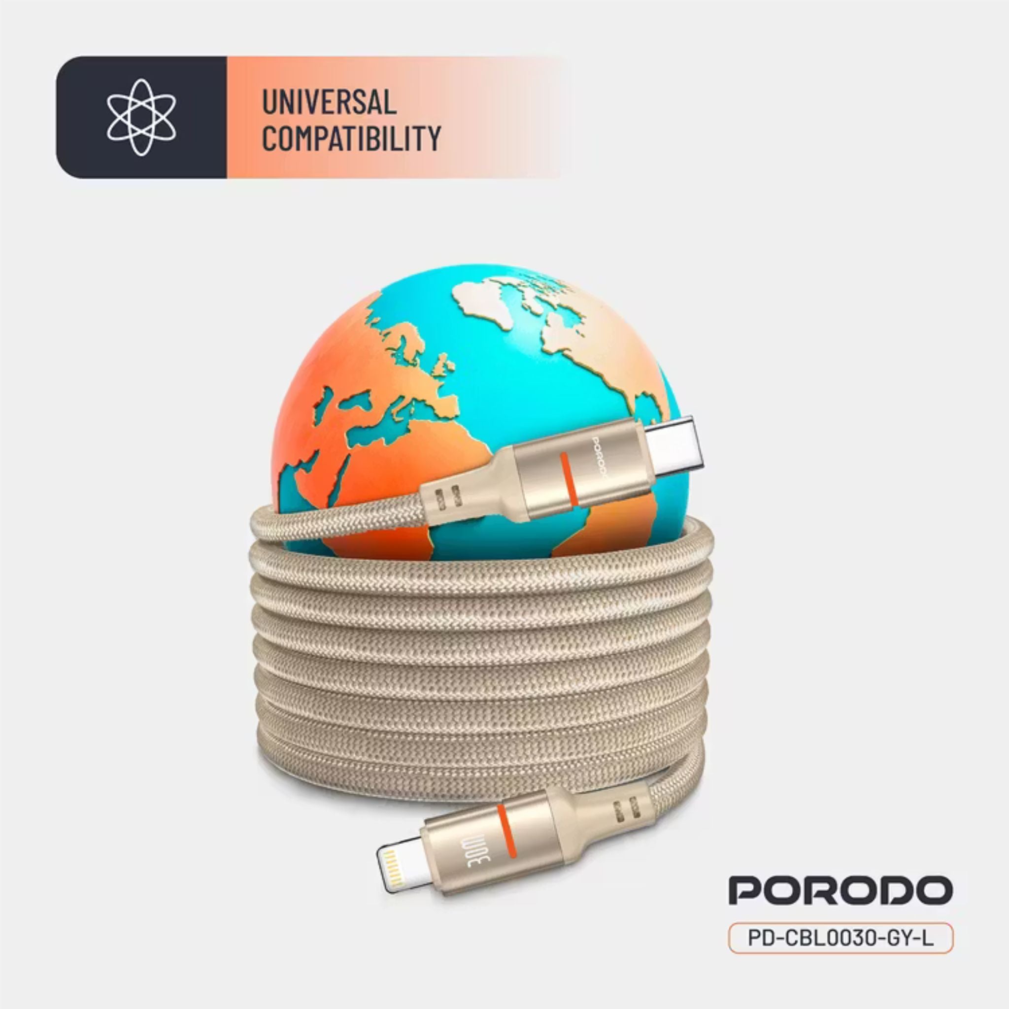 Porodo Type-C to Lightning Magnetic Braided Cable with 30W Power Delivery, 1.2m Cable Length, More than 15,000 Bends Lifespan, Tangle-Free Design - Gold
