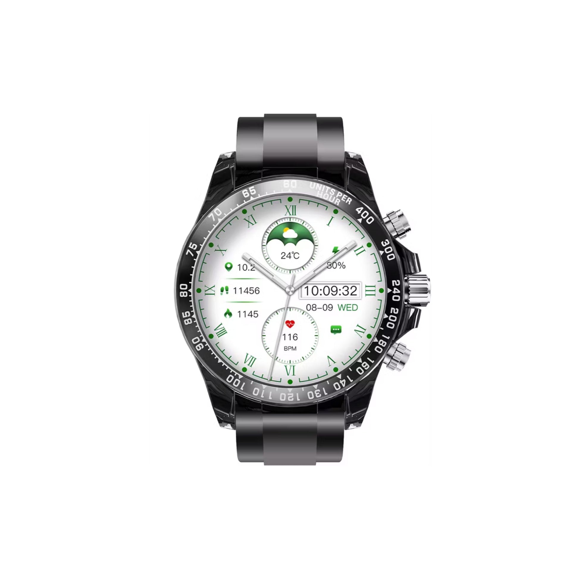Smartwatch with a black strap on a white background