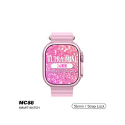 A pink Modio MC88 Ultra Mini 36MM smartwatch with a silicone strap and a digital display, featuring wireless charging capabilities and a strap lock.