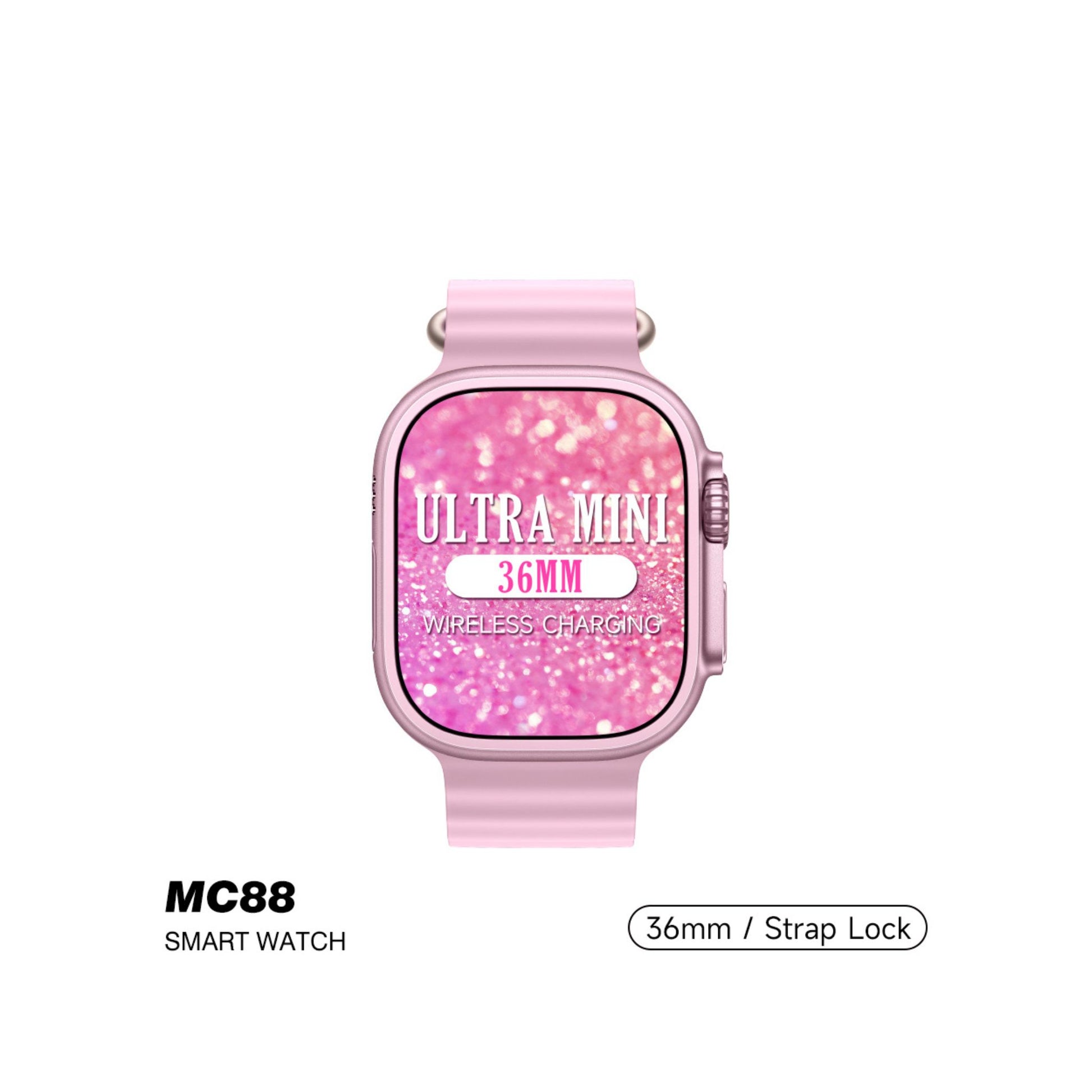 A pink Modio MC88 Ultra Mini 36MM smartwatch with a silicone strap and a digital display, featuring wireless charging capabilities and a strap lock.