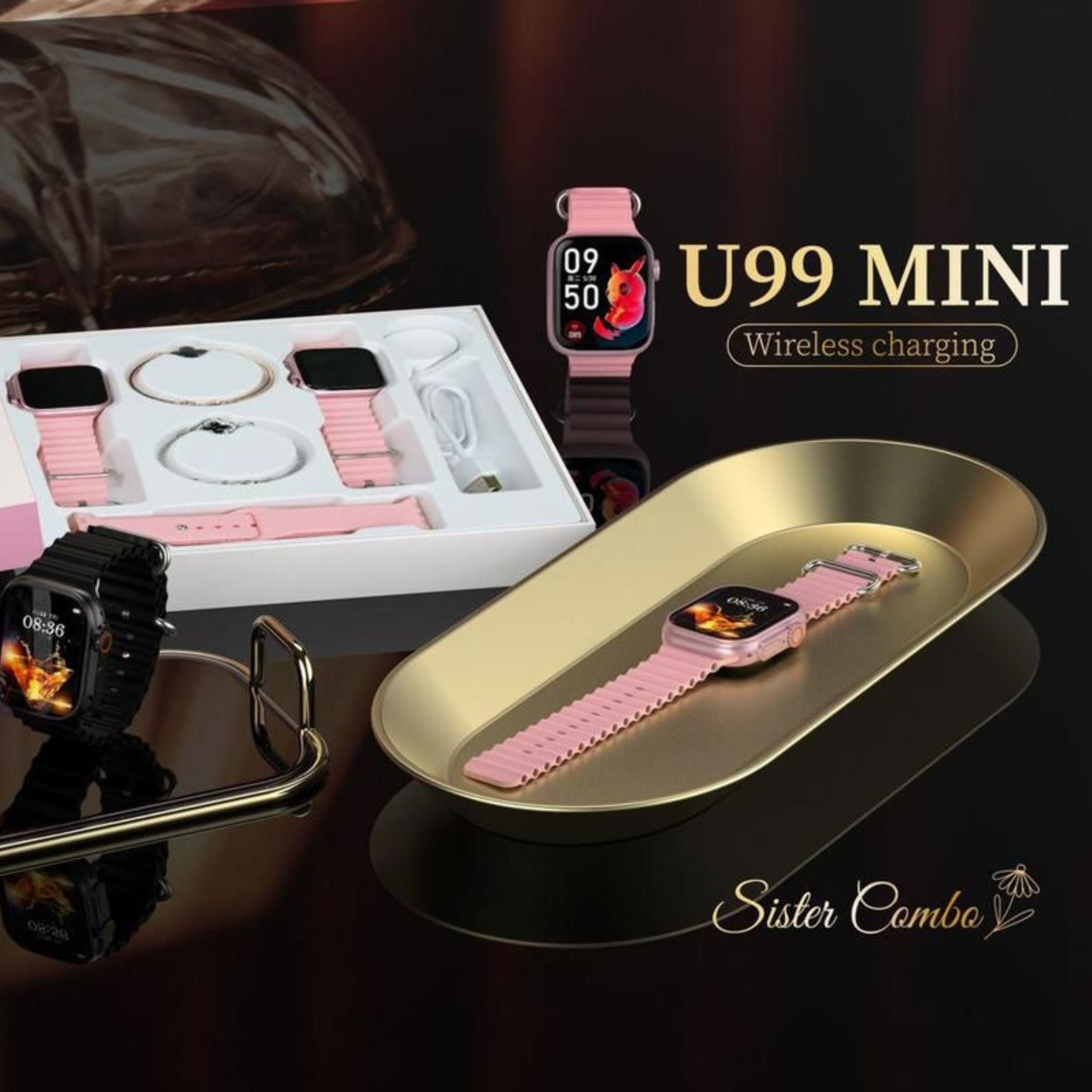A Modio Sister Combo U99 Mini smartwatch in pink color with wireless charging capabilities, along with two bangles as accessories, displayed on a gold-colored stand.