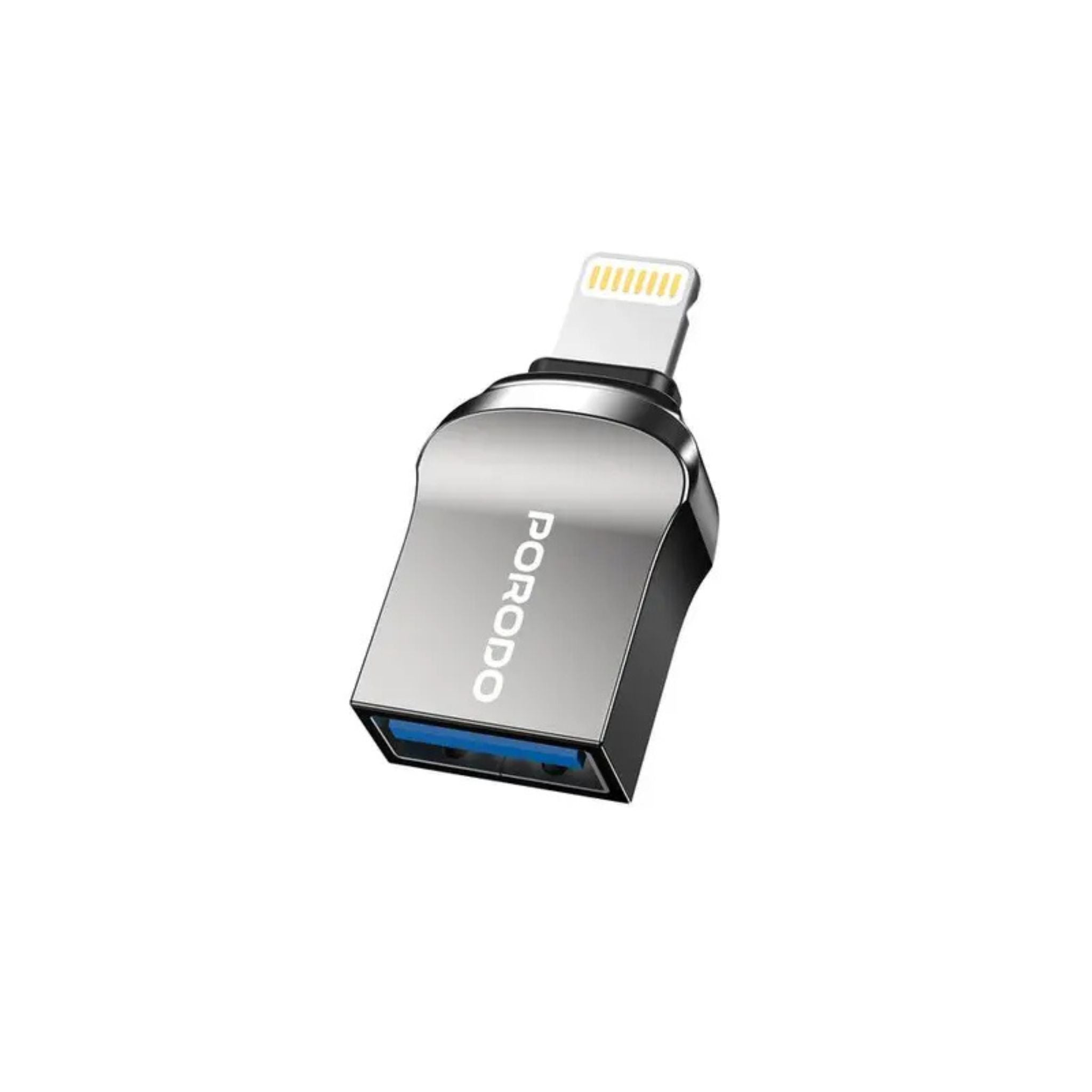 A black Porodo USB A to Lightning Adapter with a visible Lightning connector on one end and a USB A connector on the other.