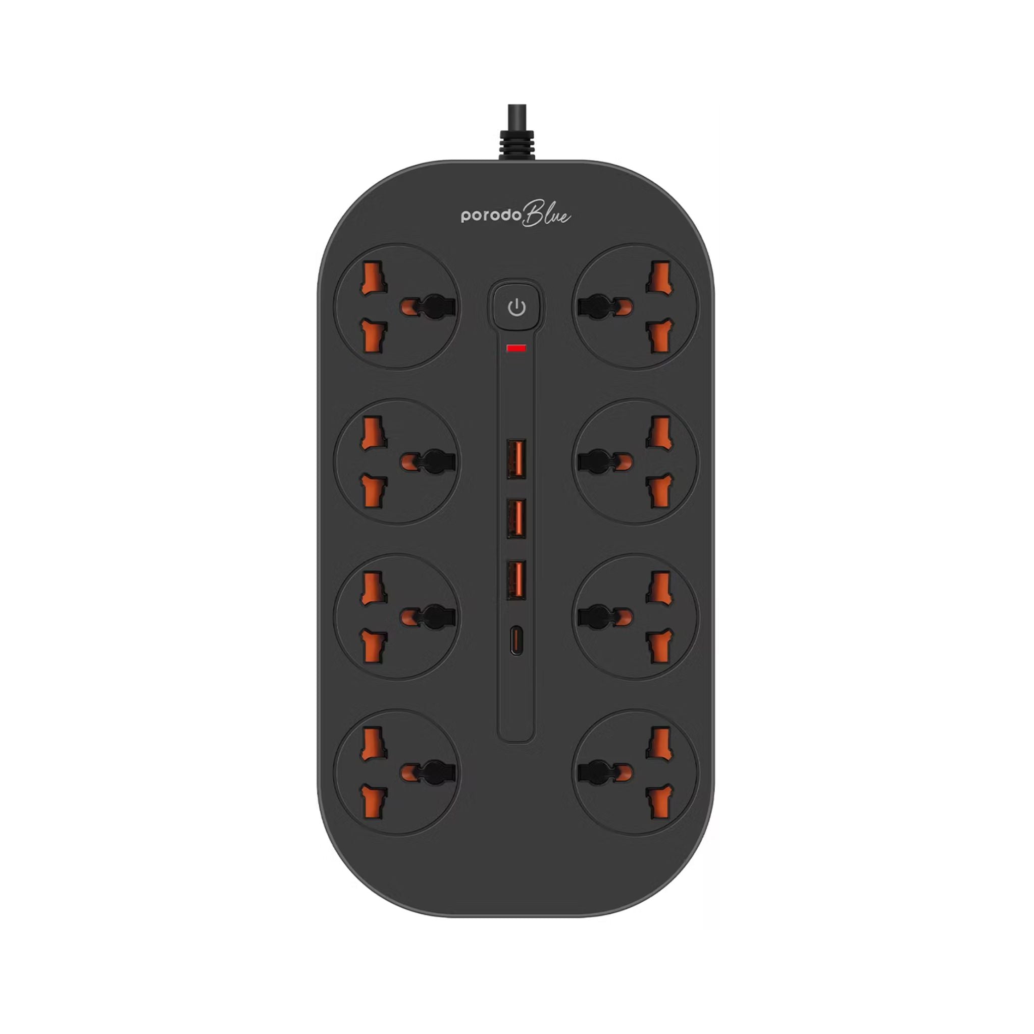 Porodo 8AC Universal Power Strip with Premium Materials, Safety Shutters, 13A Maximum Current, 3m Cable Length - Black