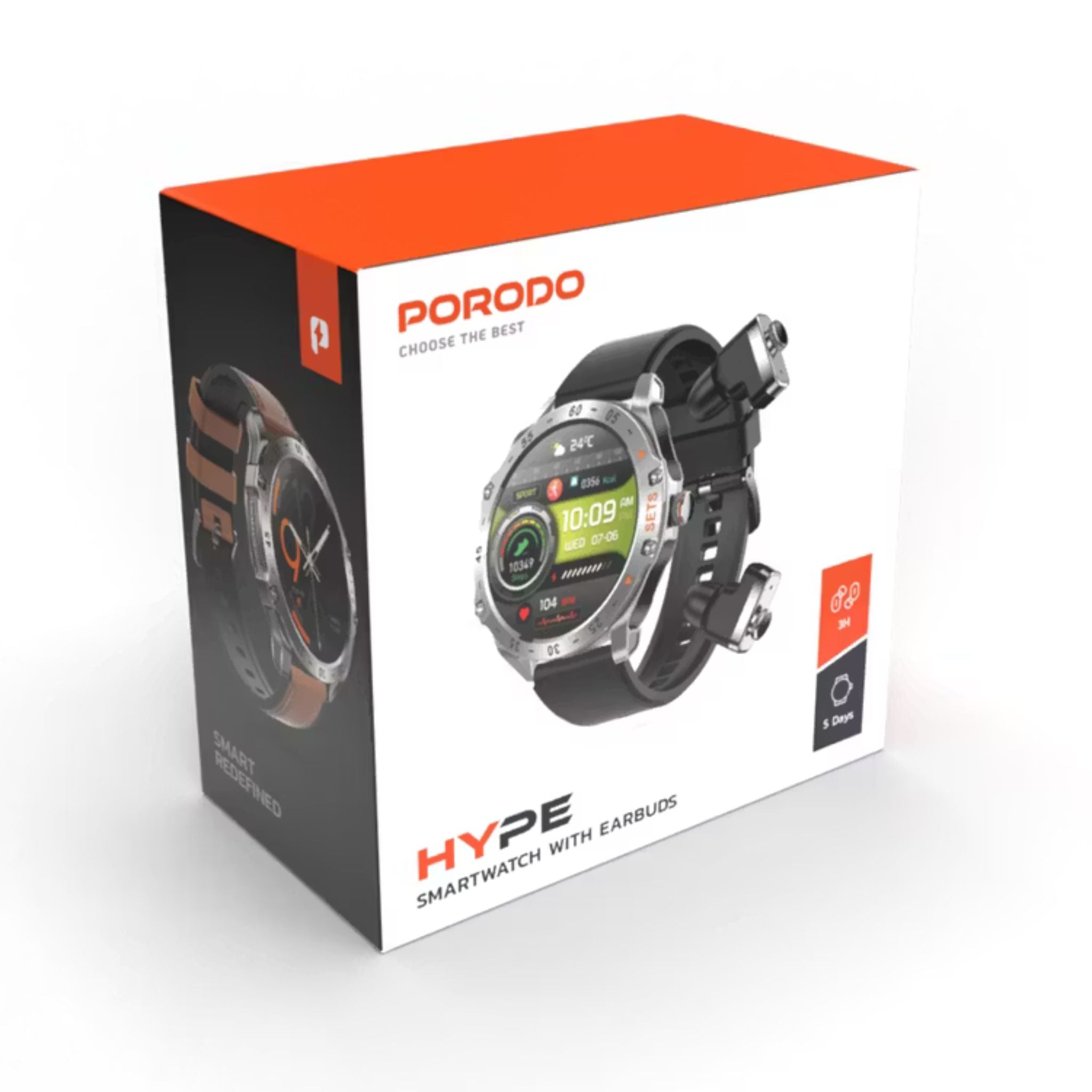 Porodo Hype Smart Watch with Wireless Earbuds and Black Leather Band, Compatible with Android 5.0, iOS 10.0 and Above
