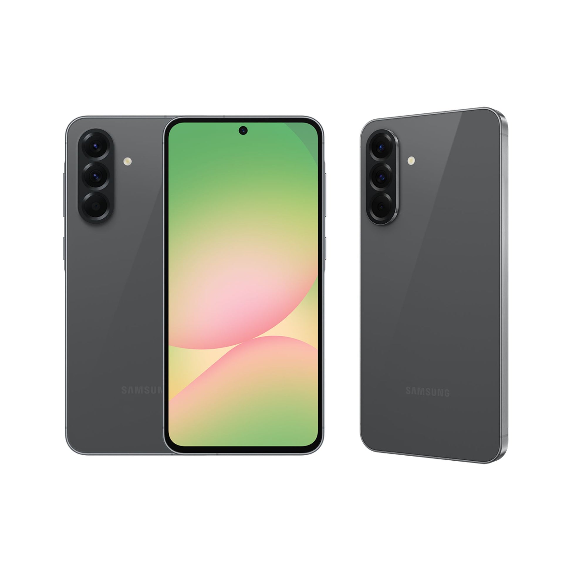 Samsung smartphone showing front and back views on a white background