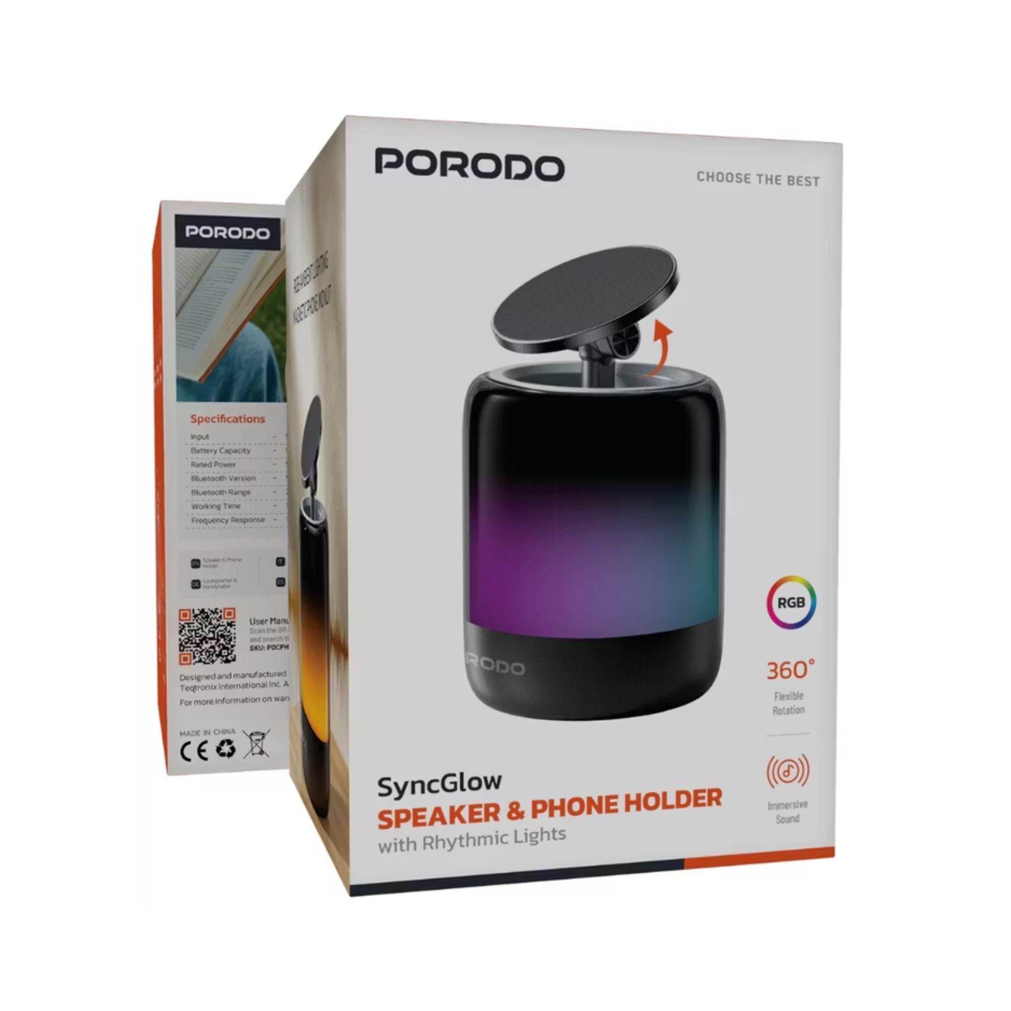 Porodo SyncGlow Speaker & Phone Holder with Rhythmic Lights, 500mAh Battery, Bluetooth Version 5.3, 150 Minutes Working Time, 360° Flexible Rotation, ABS & PC Material, Immersive Sound, 5W Rated Power - Black