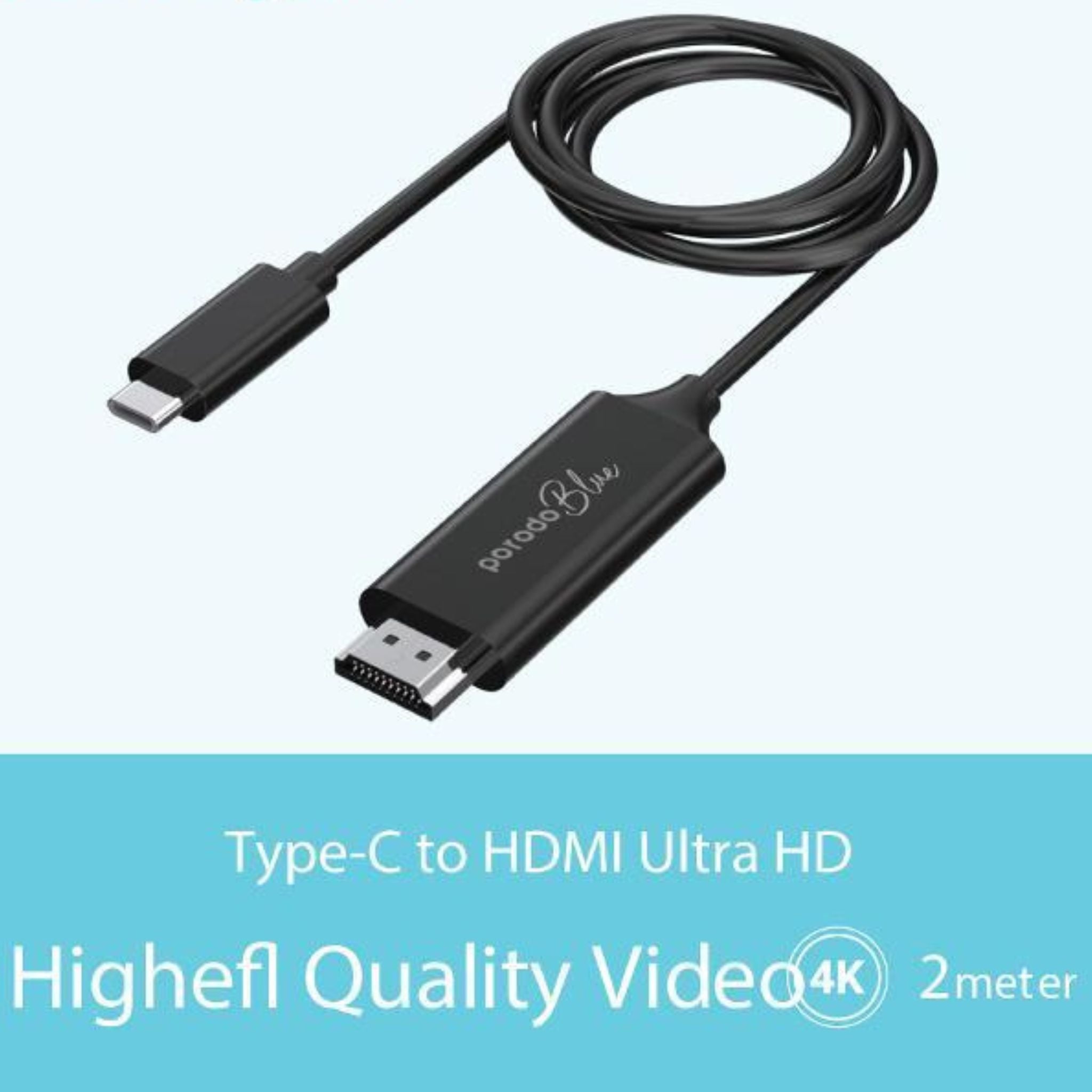 Porodo Blue Type-C to HDMI Ultra HD Cable with 2m Length, High-grade Copper Material, Highest Quality Video, Plug & Play - Black