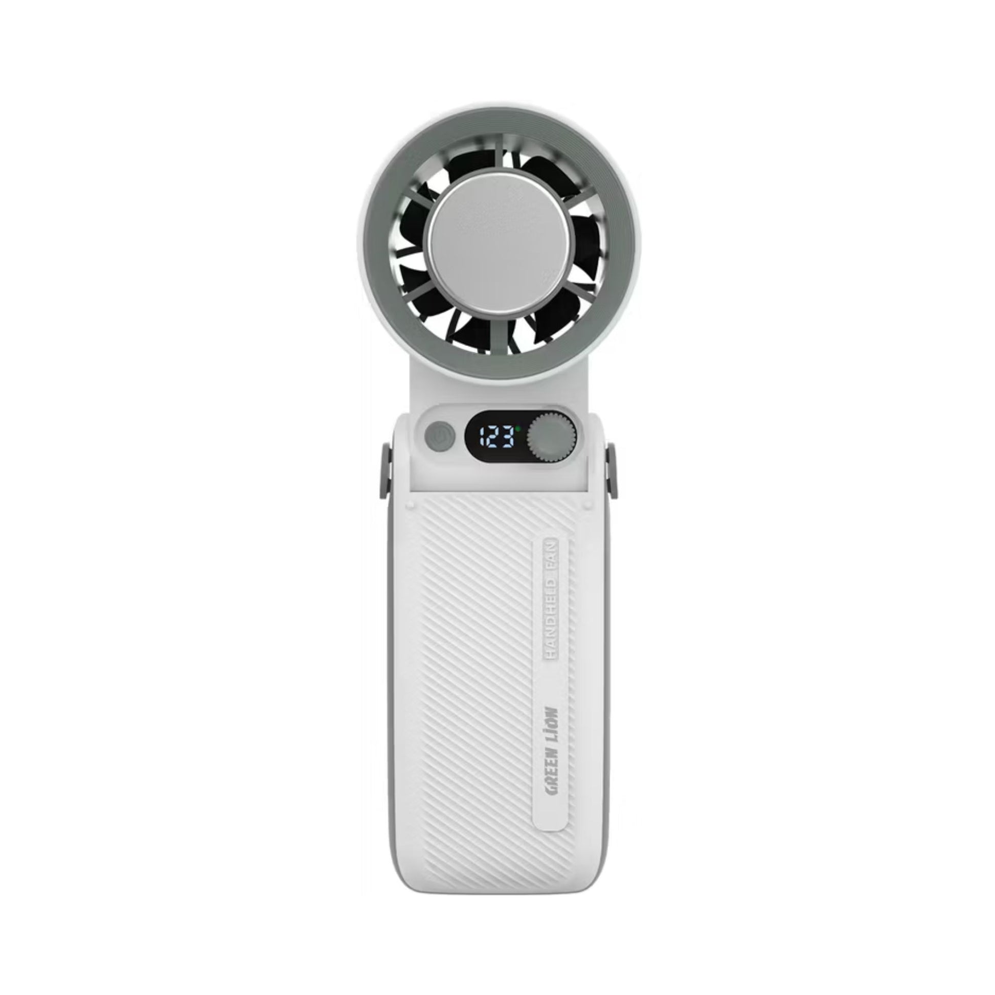 Handheld fan with digital display on a white background