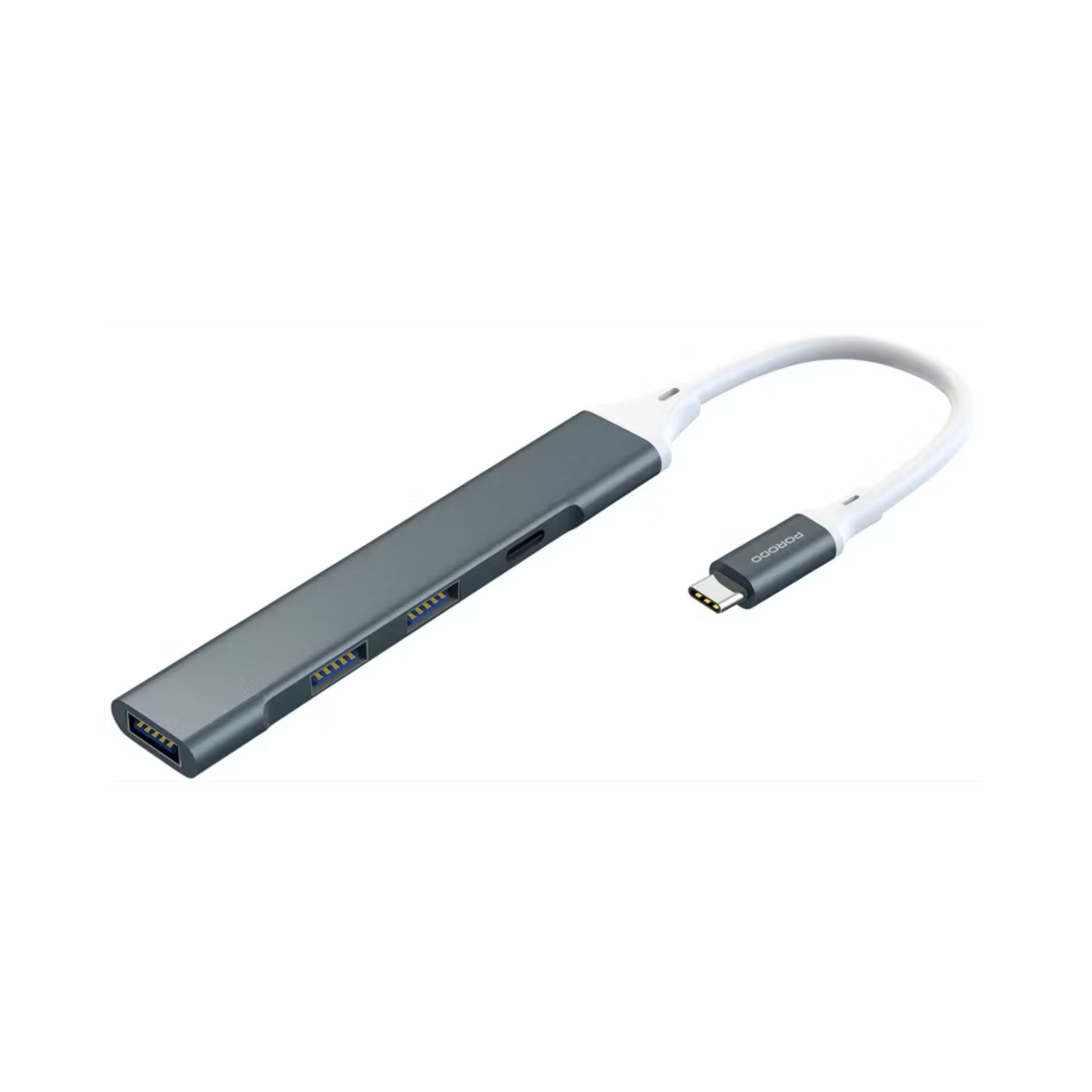 Porodo 4-in-1 Multi-Port USB-C Hub with Fast Data Transfer, Plug and Play Operation, Durable Aluminum Build, 2× USB 2.0, USB 3.0, USB-C Port, 5 Gbps USB 3.0 Transfer Rate, Aluminum Alloy and TPE Material - Gray