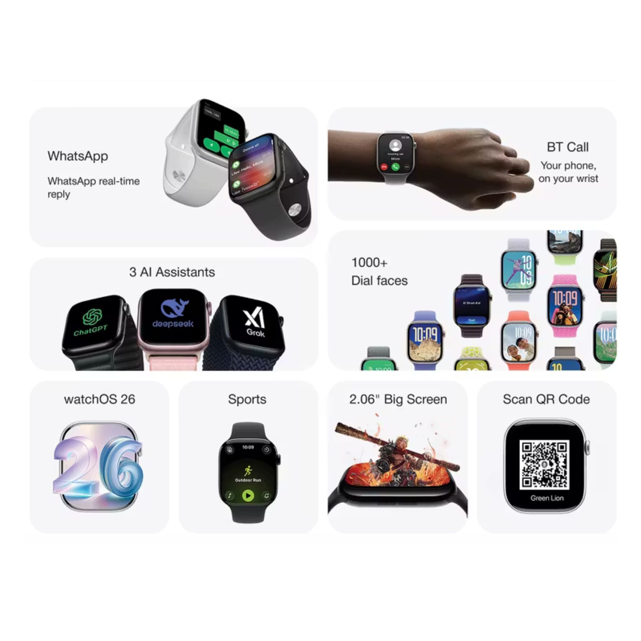 Green Lion Flex 46, 2.06'' IPS Smart Watch, Double Tap Function, WhatsApp Real-Time Reply, 10 Days Standby, Always-On Display, 3 Ai Assistants, Sports Mode, BT Call, Translation, Compass, Barometer, 250mAh Battery, IP54 Waterproof Smart Watch - Black