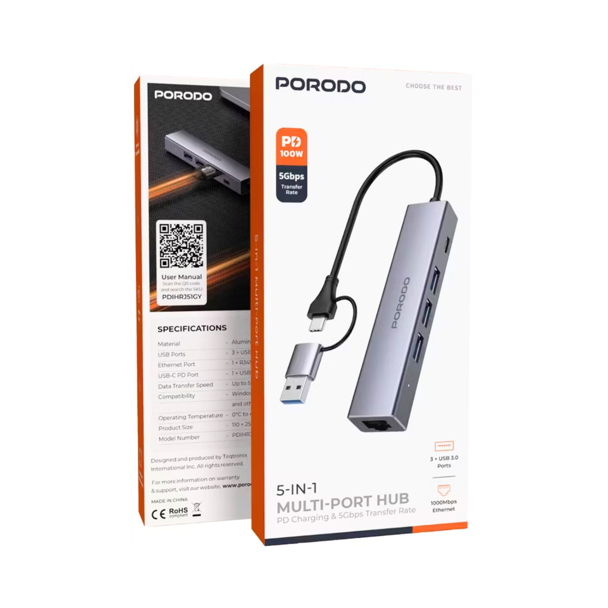 Porodo 5-in-1 Multi-Port Hub with RJ45, USB-C & Triple USB 3.0 Ports, 100W Power Delivery, Aluminum Alloy Housing, Universal Compatibility, Plug & Play Design - Gray