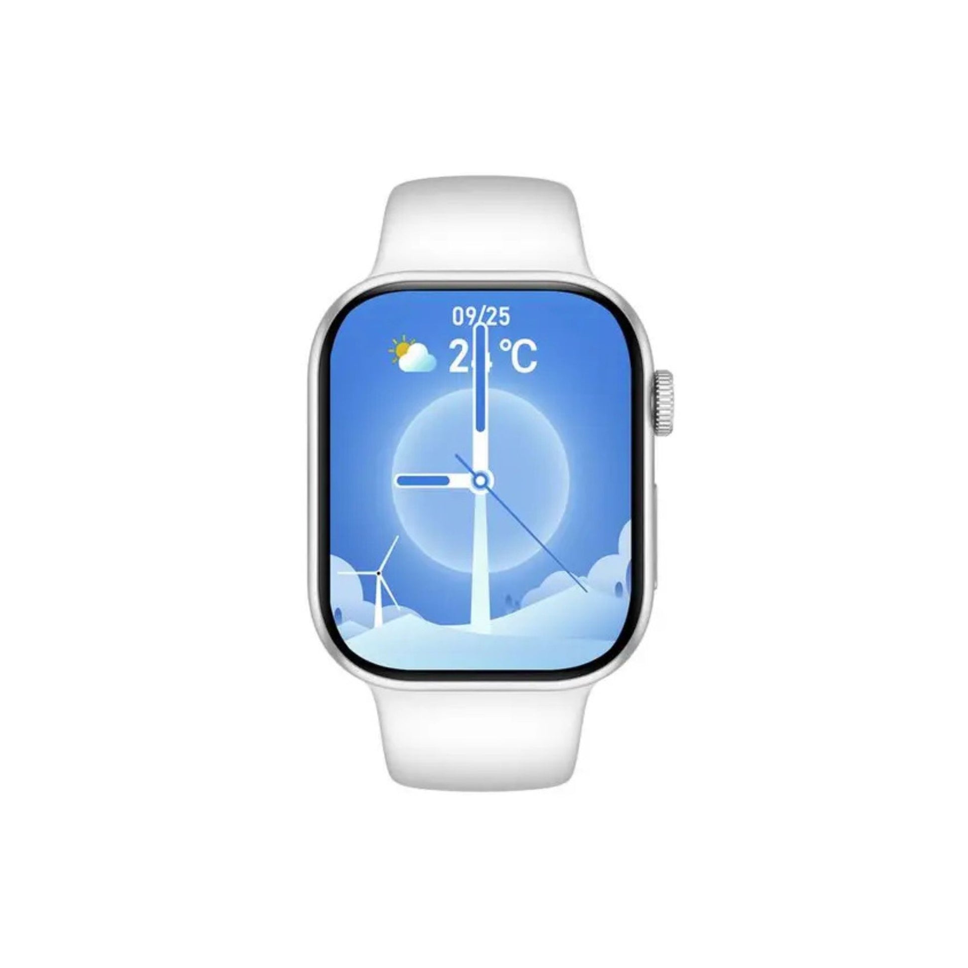 A silver Porodo Magnifico 3 smartwatch with a digital display showing the time and various smart notifications on a white band.