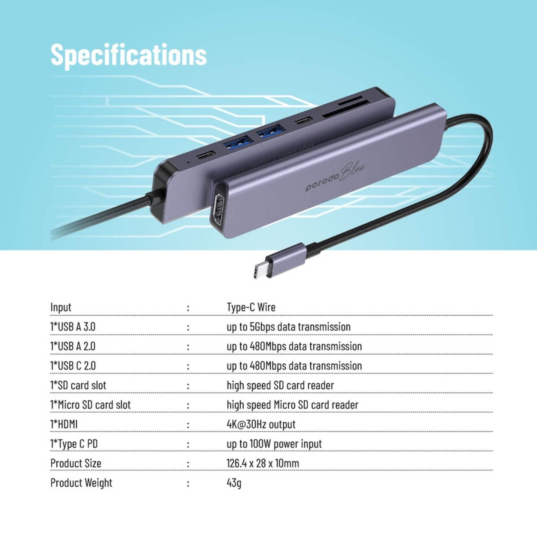Porodo Blue 7 Ports USB-C HUB 4K HDMI & Dual USB-C, 100W PD, Card Reader, Plug and Play, Hot Swappable, Windows/Mac OS/Android - Gray