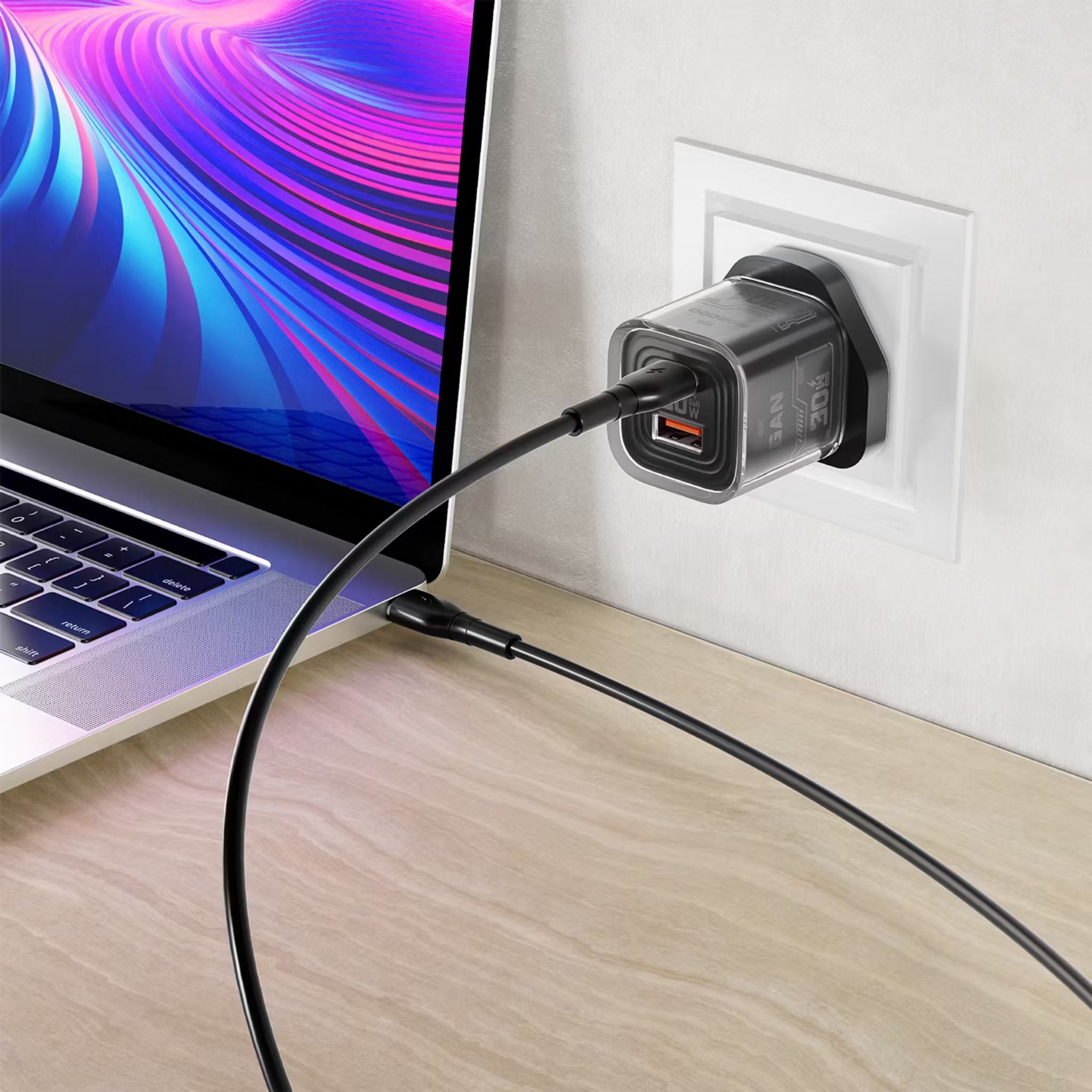 Porodo TEZCLARTÉ Quick Wall Charger with Dual Port Fast Charging, Flame Retardant Housing, Transparent Design, PD 30W USB-C Output, QC 20W USB-A Output - Black