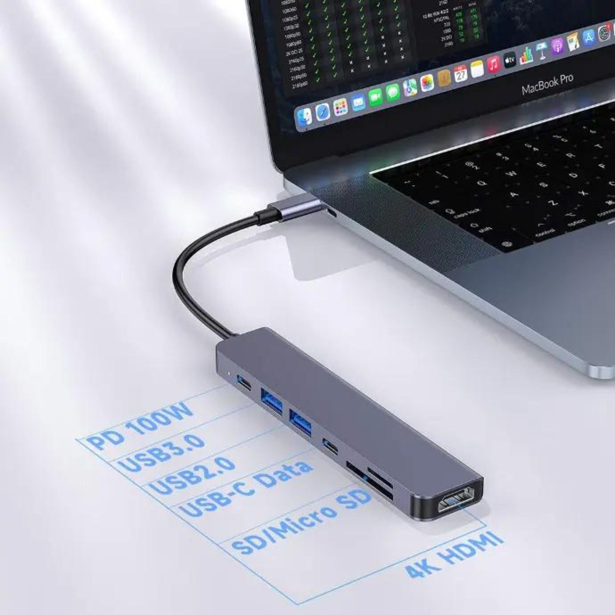 Porodo Blue 7 Ports USB-C HUB 4K HDMI & Dual USB-C, 100W PD, Card Reader, Plug and Play, Hot Swappable, Windows/Mac OS/Android - Gray