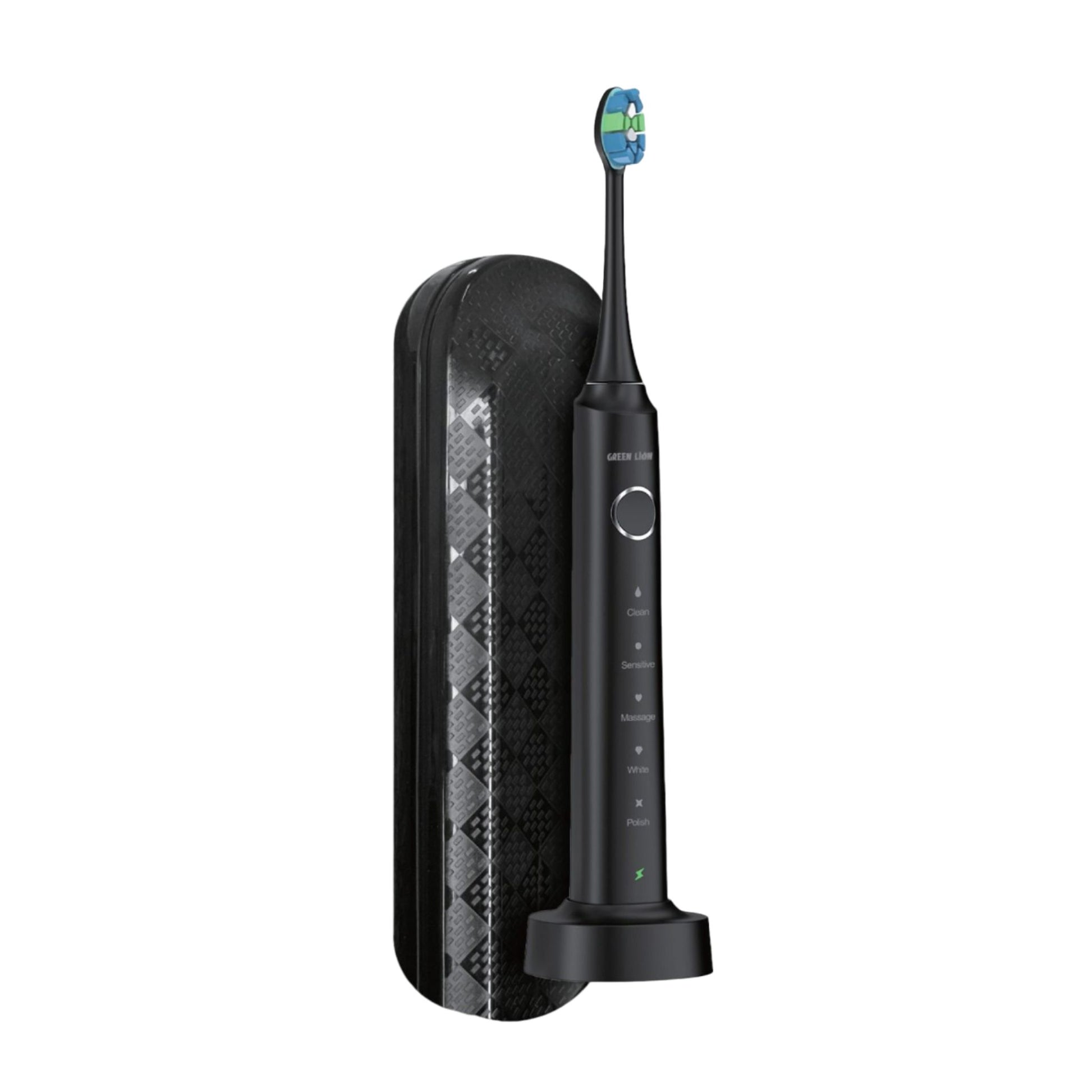 A black Green Lion Smart Brush rechargeable toothbrush with a blue bristle head, displayed alongside its charging dock.