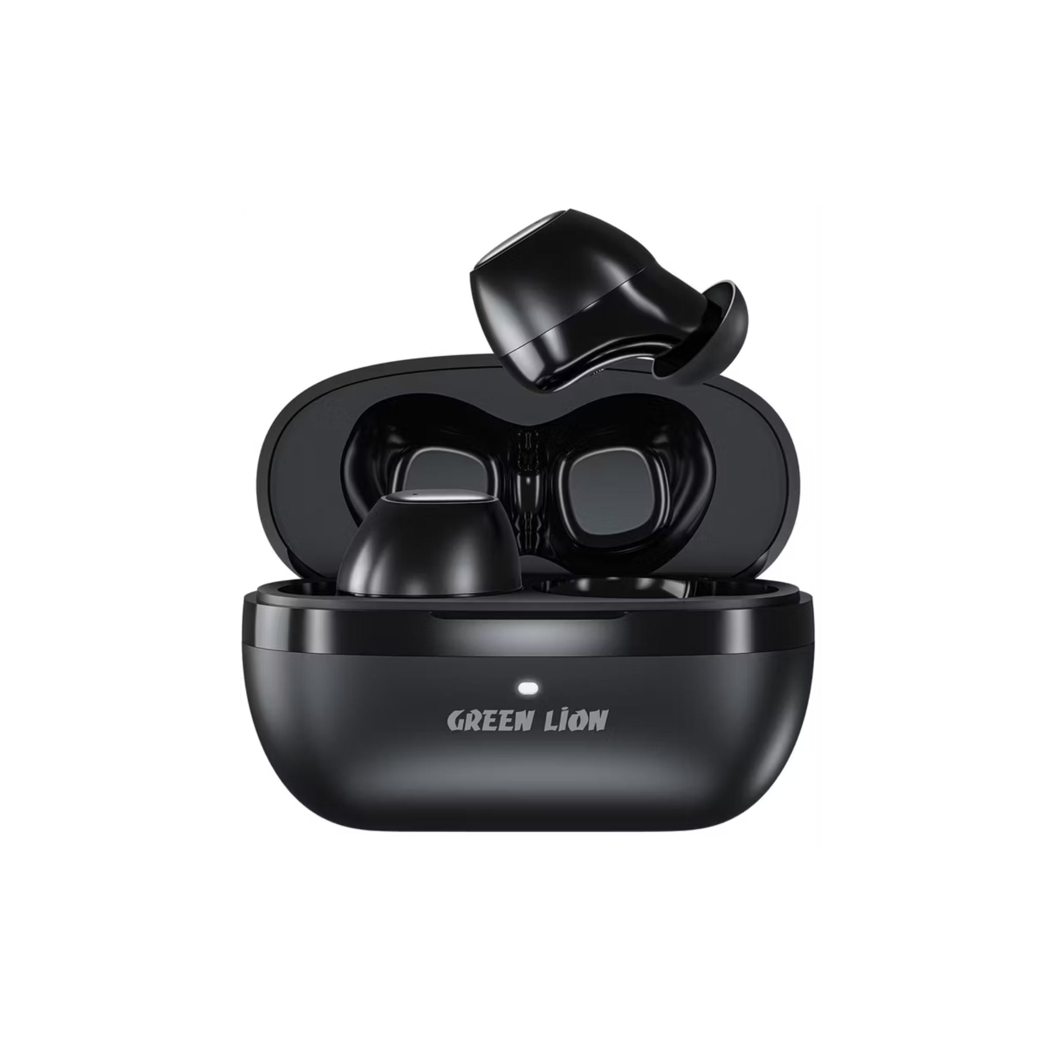 Black wireless earbuds in an open charging case on a white background with 'Green Lion' branding.