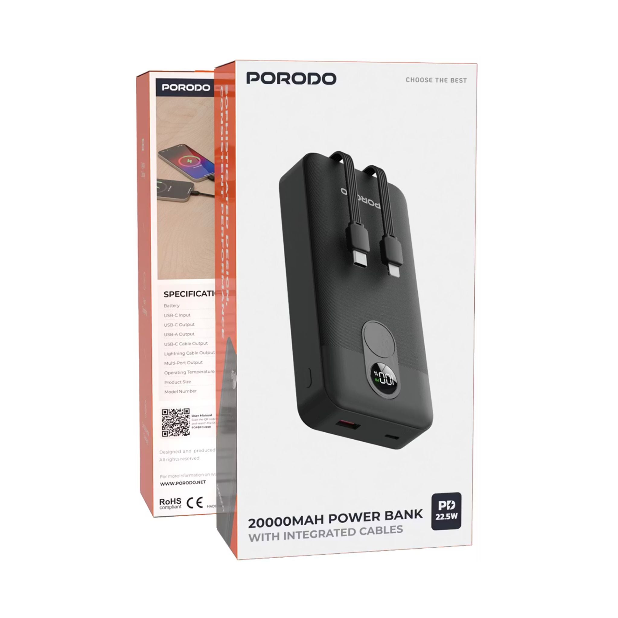 Porodo 20000mAh Power Bank with Built-in Type-C & Lightning Cables, 22.5W Power Delivery, Simultaneous Charging, 0%-60% Charge in 35 Minutes, Digital Display - Black