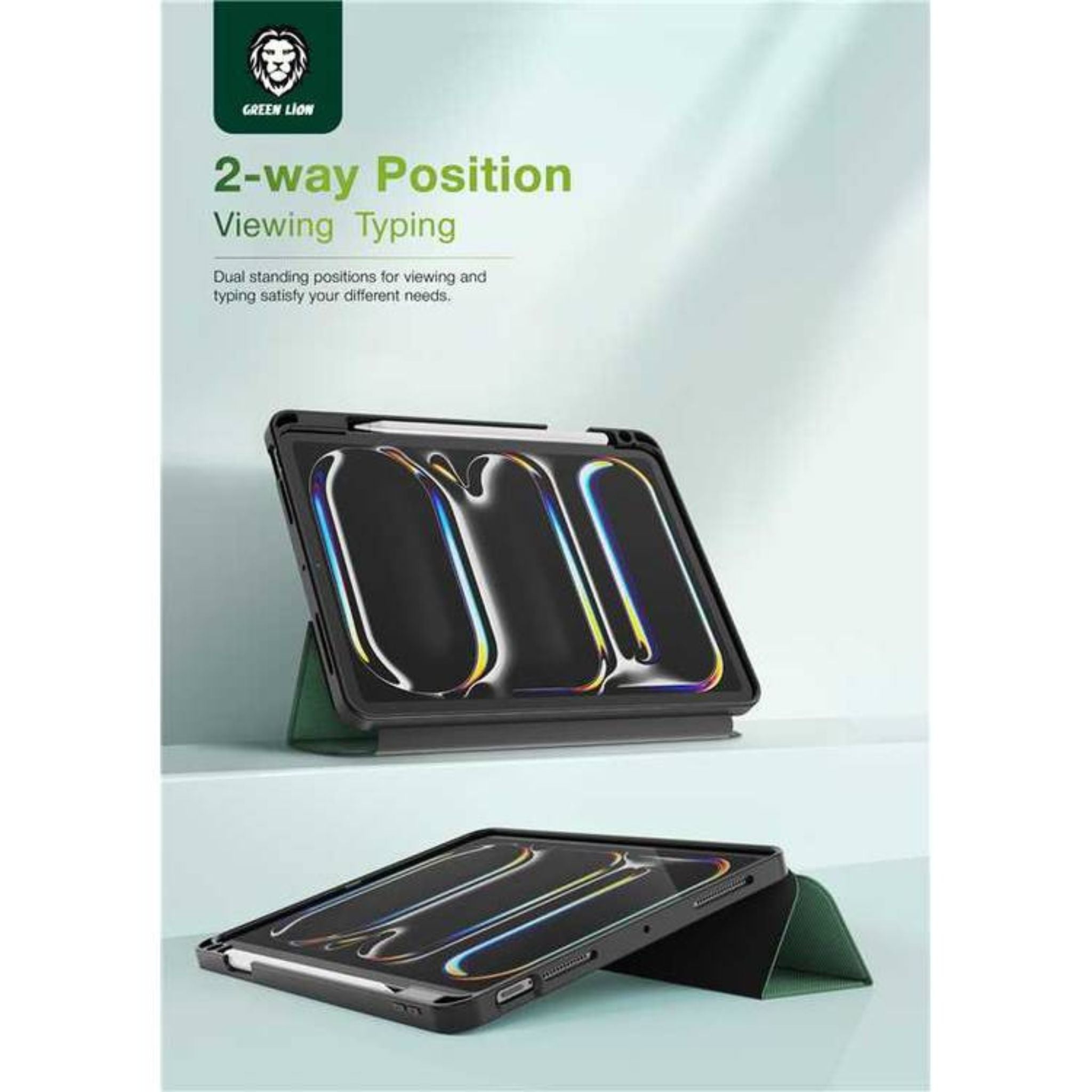 Green Lion Hogo Premium Case with Pencil Holder for iPad Pro 13", Auto Wake, Ultra Slim Fit, Stable Tri-Fold Stand, Built-in Pencil Holder, Magnetic Smart Cover, Auto Sleep/Wake - Green