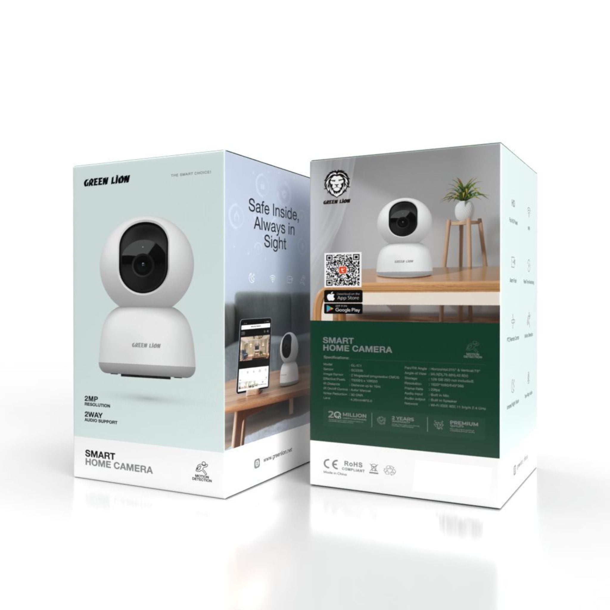 Green Lion Smart Home Camera – 2MP Progressive CMOS (SC2336 Sensor), 1920×1080/640×360 Resolution at 20fps, 4.20mm@F2.0 Lens, IR Night Vision (Up to 10m), 3D DNR Noise Reduction, Built-in Mic & Speaker – White