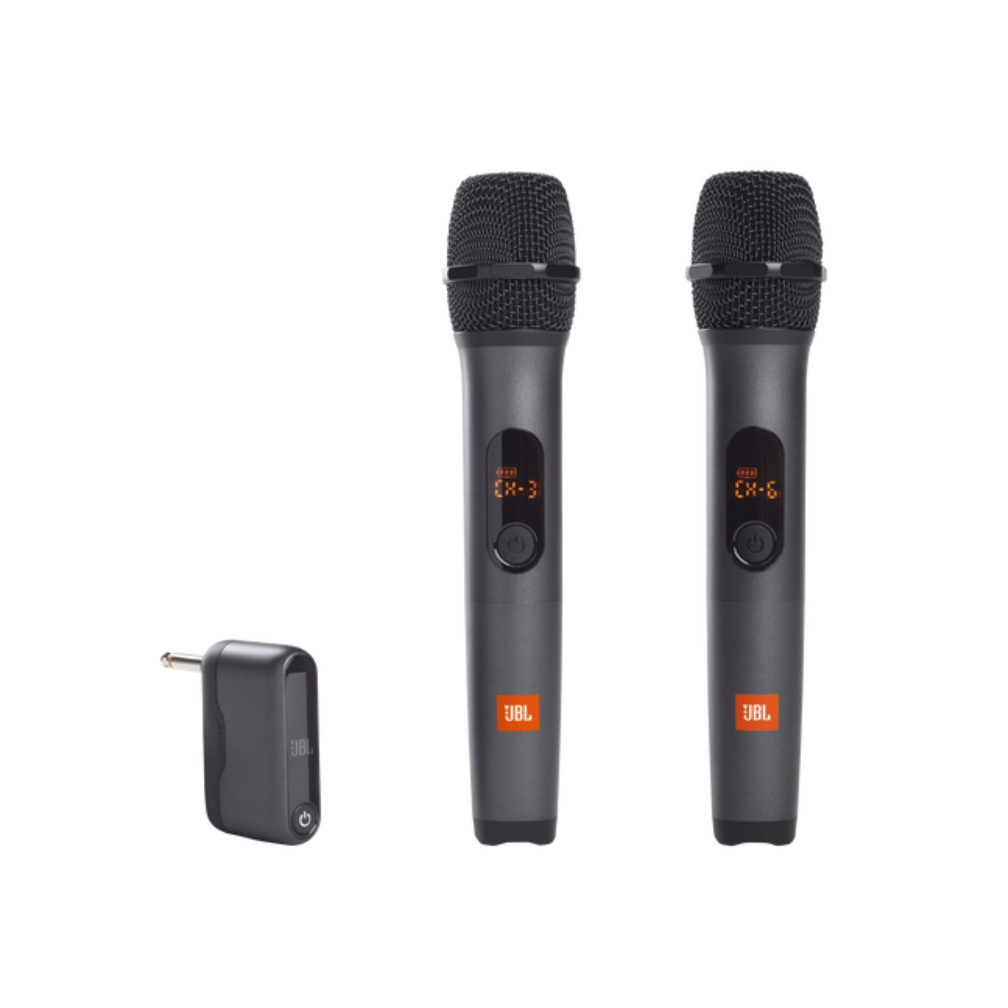 A set of JBL wireless microphones, consisting of two black handheld transmitters and a charging base.