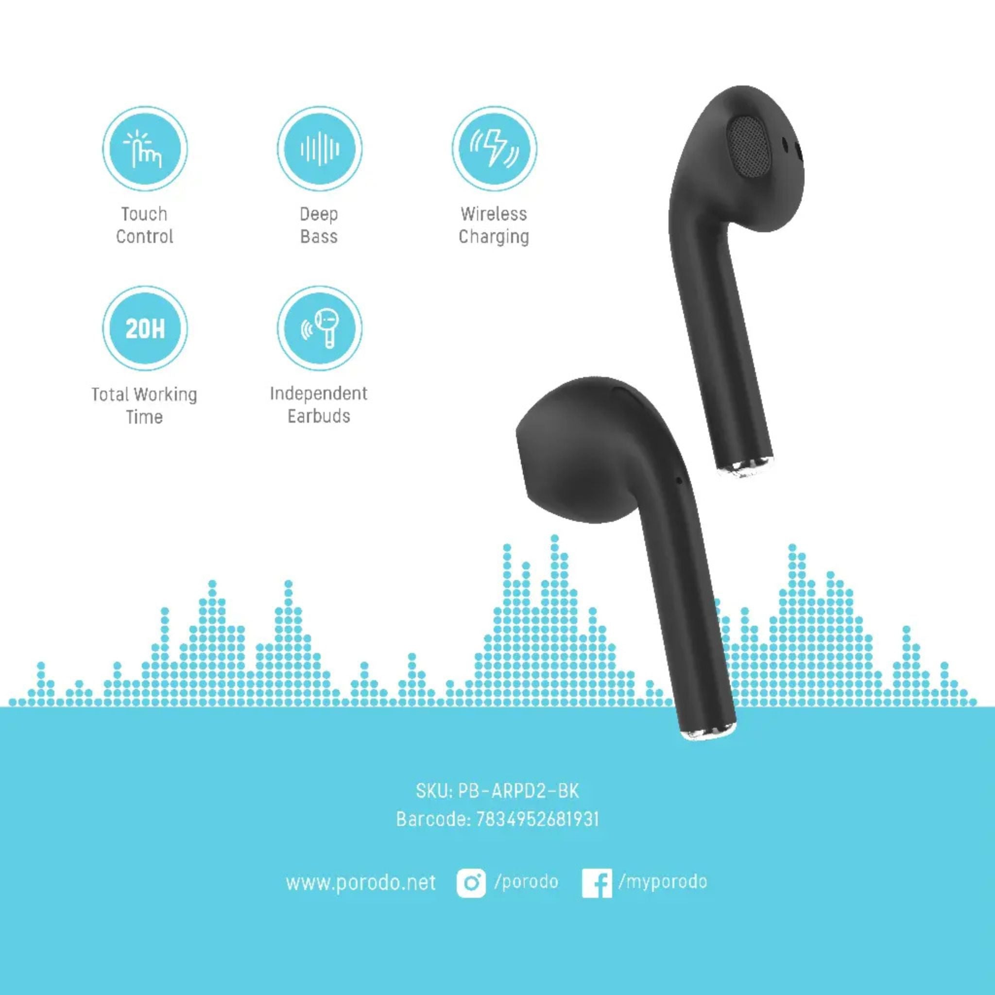 Porodo Deep Bass Wireless Earbuds 2, 20H Total Working Time, Wireless Charging, Independent Earbuds, Touch Control, Connectivity with Bluetooth 5.0 One-Step Pairing - Black