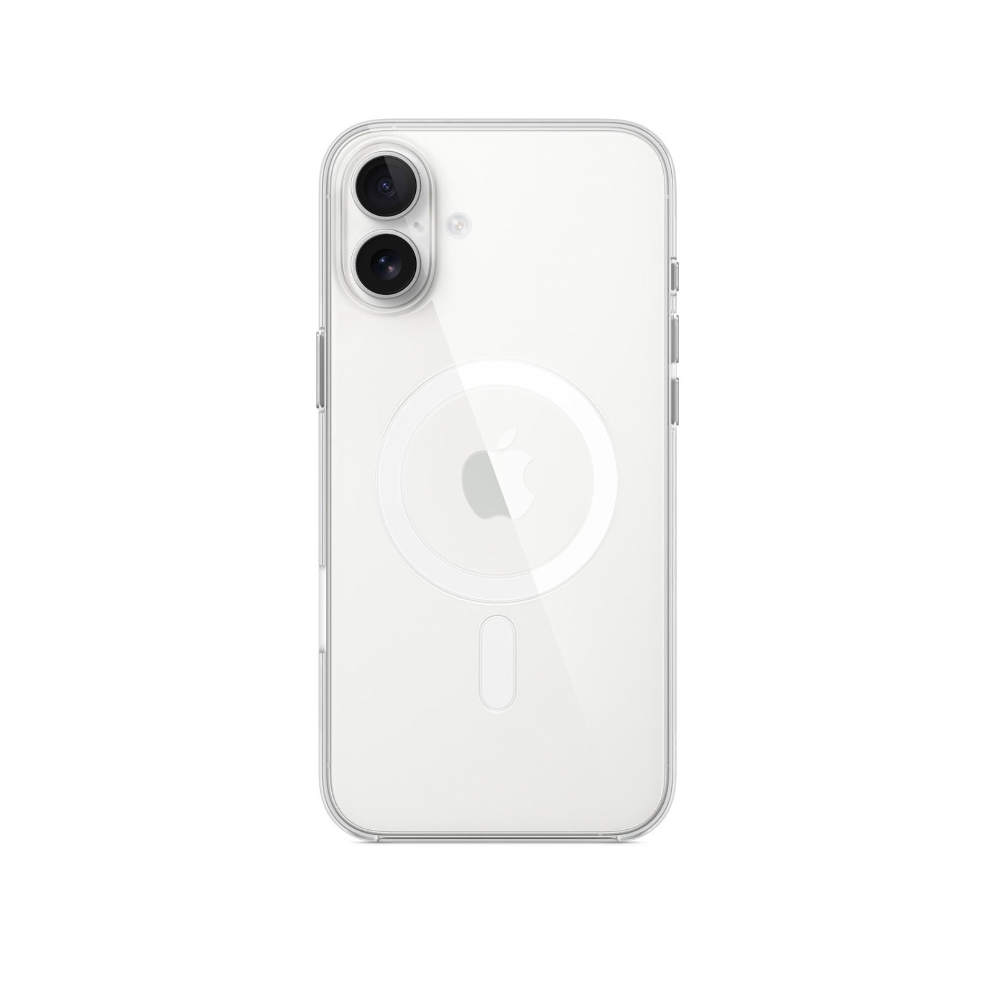 An Apple iPhone 16 Plus clear case with MagSafe technology, showcasing the back side of the phone with the camera and Apple logo visible.