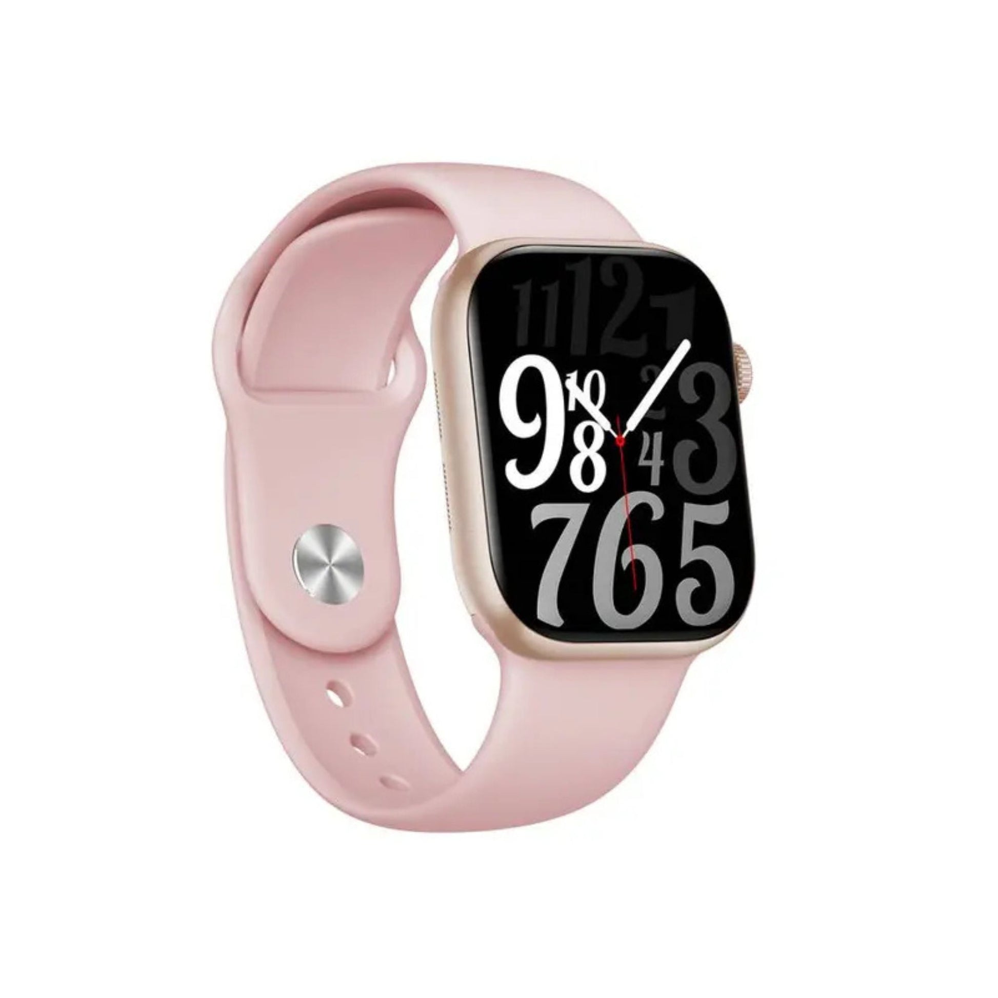 A gold-colored smartwatch with a digital display showing time and date, featuring a pink strap.