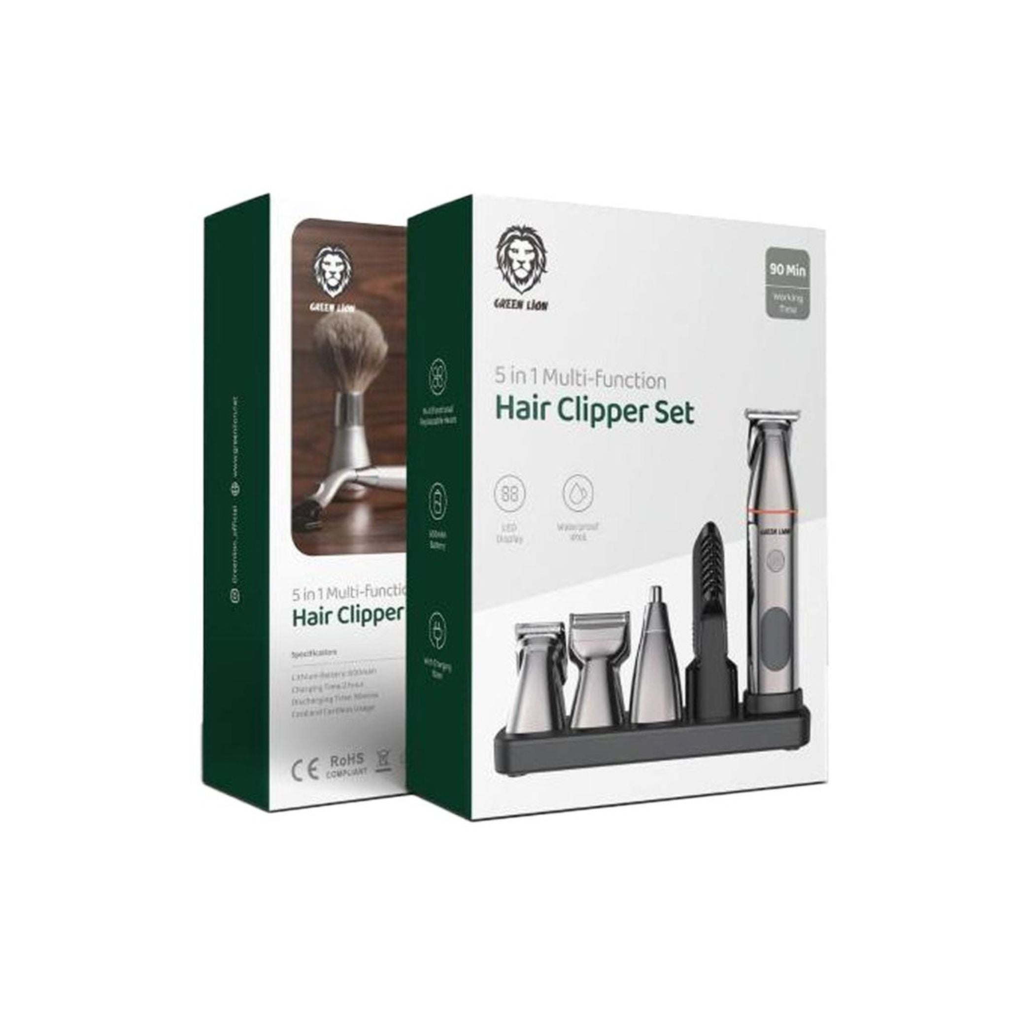 Green Lion 5-in-1 Multi-Function Hair Clipper Set with Multifunctional Replaceable Heads, LED Display, Cord and Cordless Functionality, 90 Minutes Working Time, Waterproof - Black