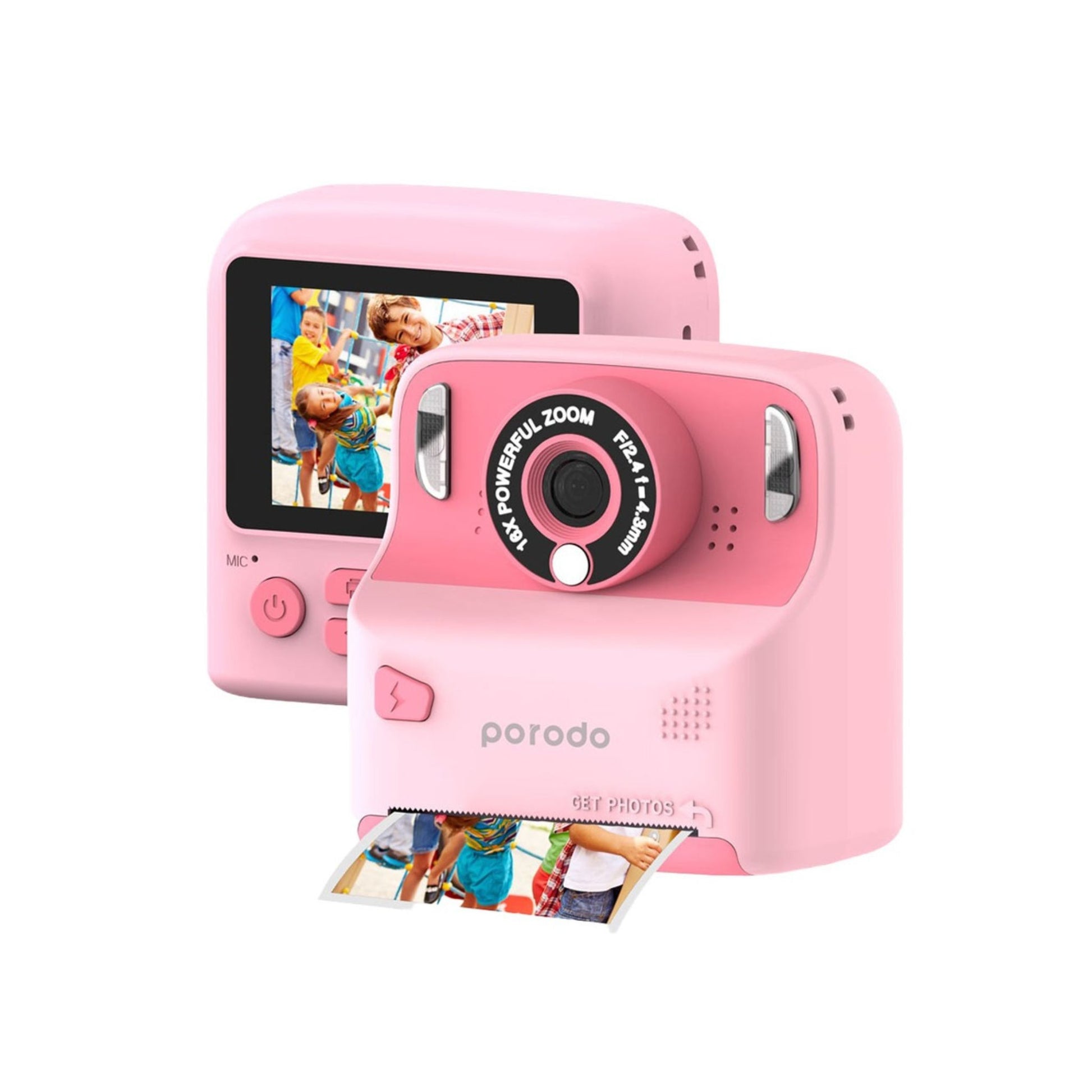 Porodo Lifestyle Kids Print Camera in pink with a 2.4 inch screen displaying an image, alongside a Type-C charging port and a 12MP image resolution badge.