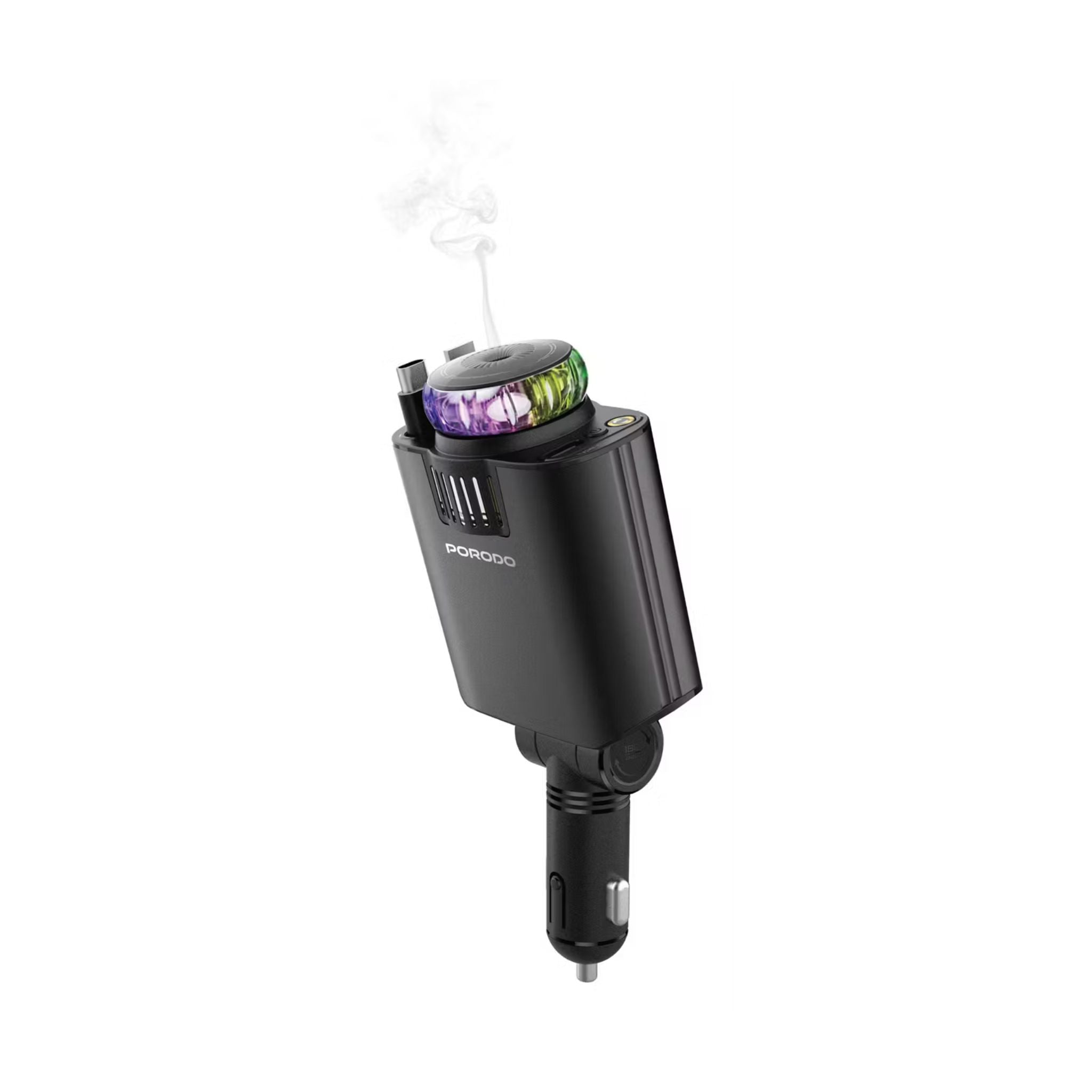 Porodo Aromaglow 120W Car Charger with Aromatherapy Diffuser, Fast Charge Support, PD 30W, 180° Adjustable Head, 2× 80cm Retractable Cables, Type-C Port, ABS + PC & Aluminum Alloy Material, LED Starry Lights, RGB Light - Black