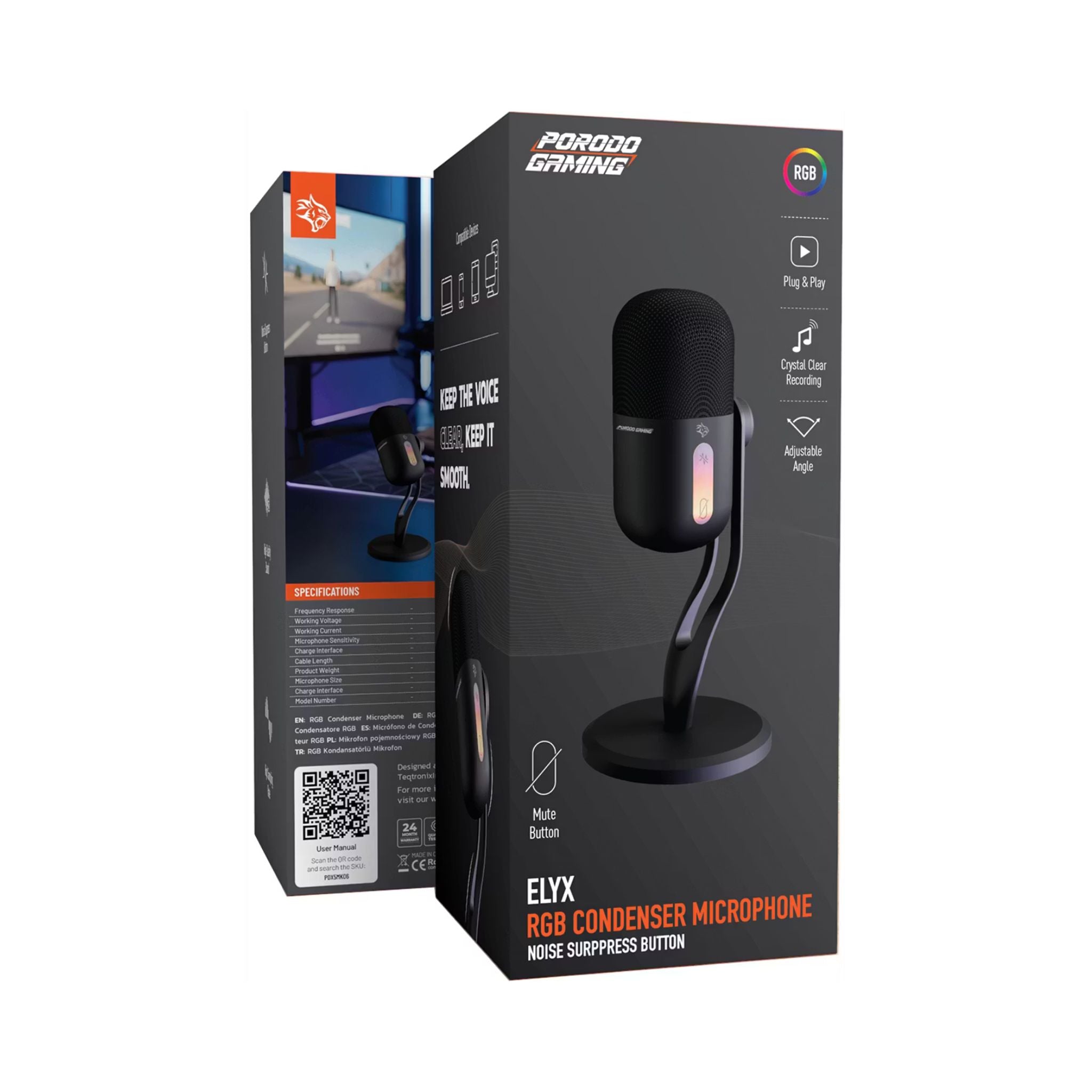 Porodo Gaming Elyx RGB Condenser Microphone with Noise Suppress Button, Adjustable Angle, Crystal Clear Recording, Mute Button, High Sampling Rate, High-Quality Sound, Plug & Play - Black