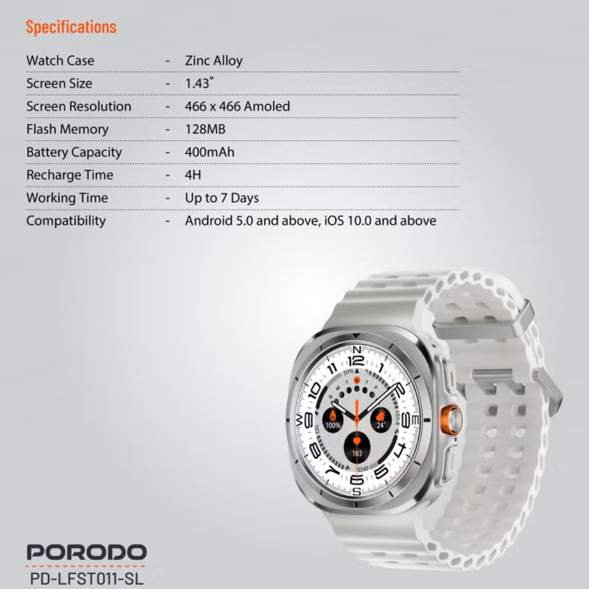 Porodo Voyager Smart Watch 1.43" AMOLED Display 466×466, Bluetooth Calling, Built-In Compass, Rugged Zinc Alloy Design, 400mAh Battery Up to 7 Days, Android & iOS Compatible- Silver
