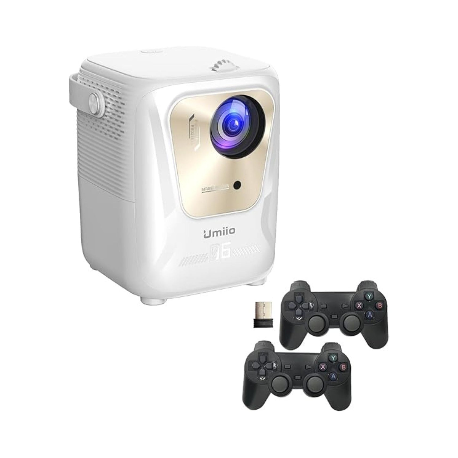 White projector with a lens and two black game controllers on a white background
