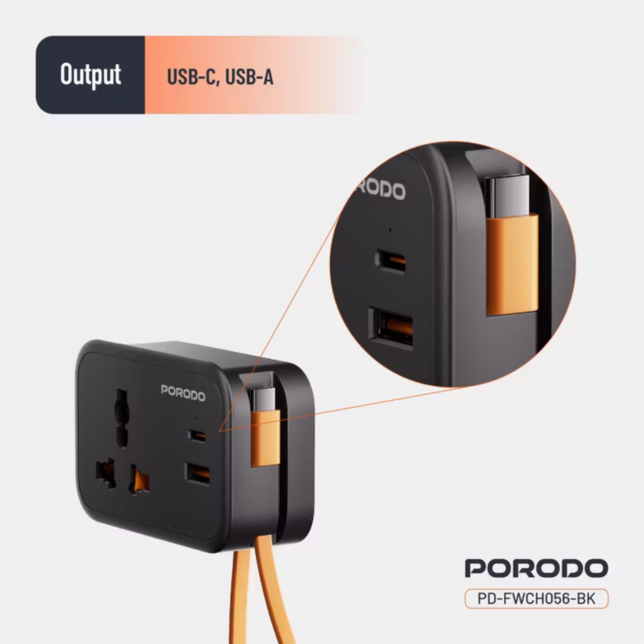 Porodo Universal Wall Socket with 30cm Built-in USB-C Cable, Simultaneous Charging, 20W PD, 18W QC, Fireproof Material, Fuse Protection, UK 3-Pin Plug - Black