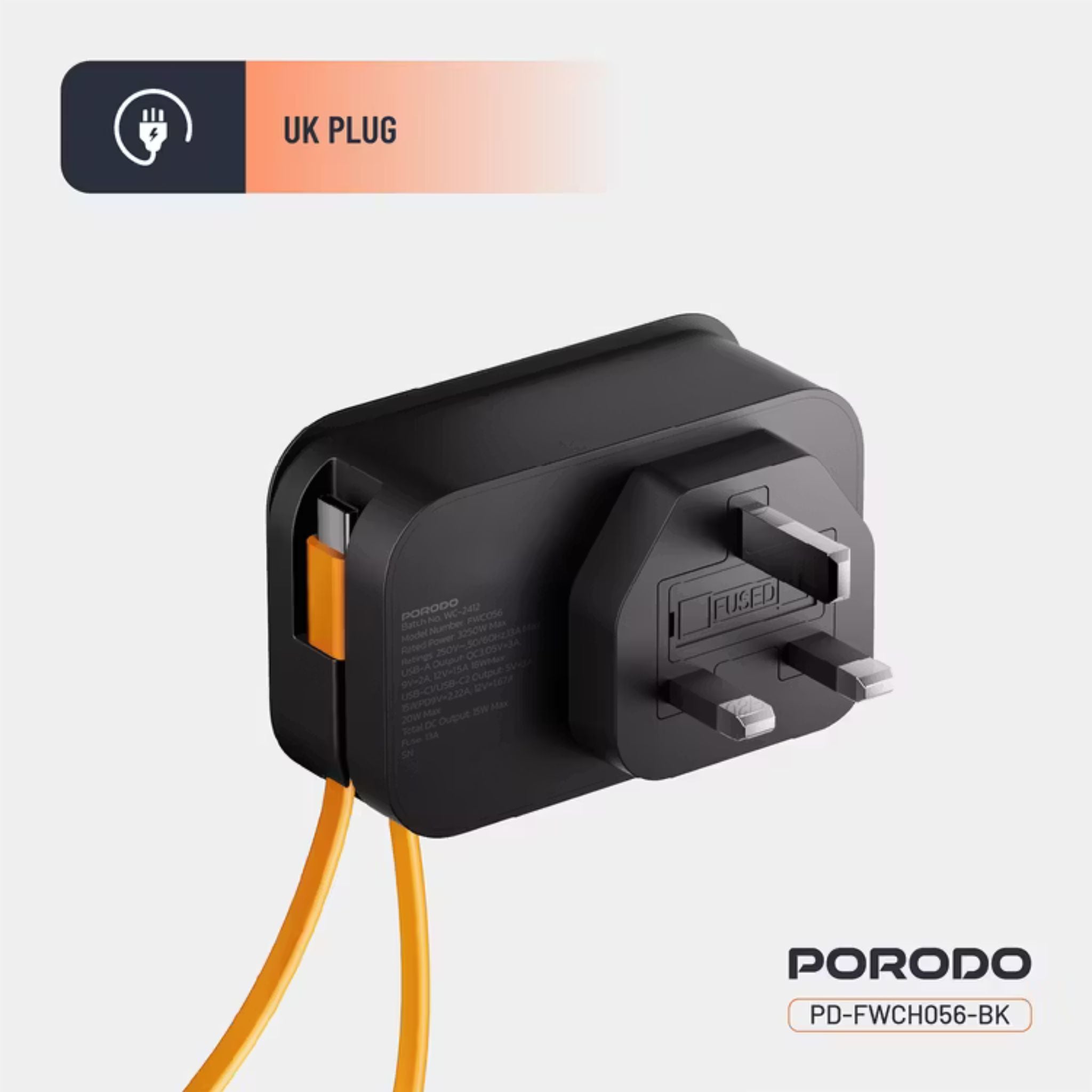 Porodo Universal Wall Socket with 30cm Built-in USB-C Cable, Simultaneous Charging, 20W PD, 18W QC, Fireproof Material, Fuse Protection, UK 3-Pin Plug - Black