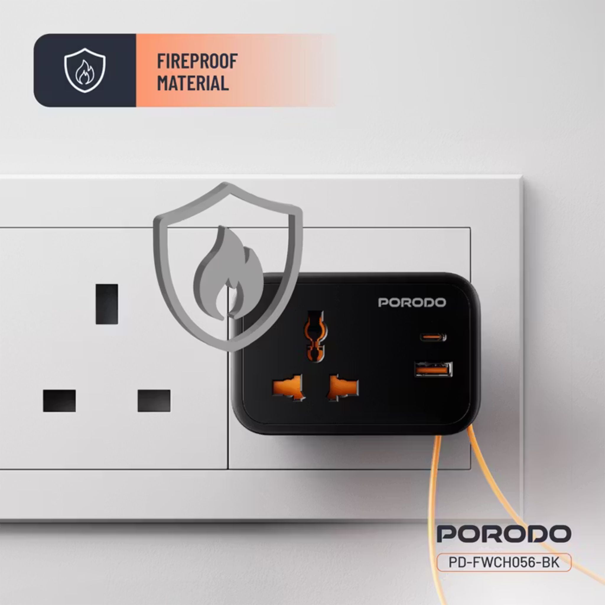 Porodo Universal Wall Socket with 30cm Built-in USB-C Cable, Simultaneous Charging, 20W PD, 18W QC, Fireproof Material, Fuse Protection, UK 3-Pin Plug - Black