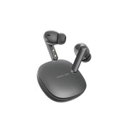 Black wireless earbuds with charging case on a white background